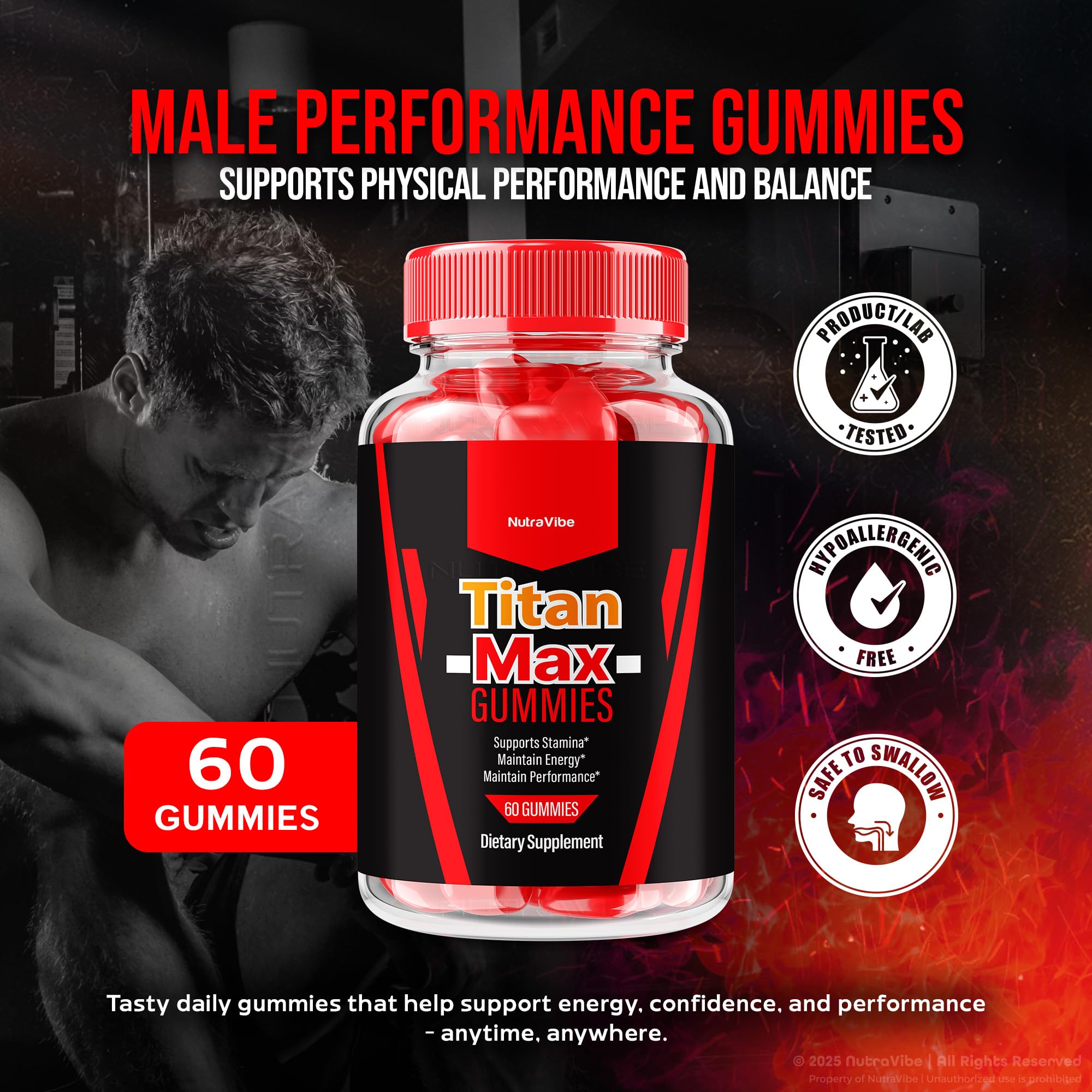 NutraVibe Titan Max Gomitas, textura suave para mordida rápida.