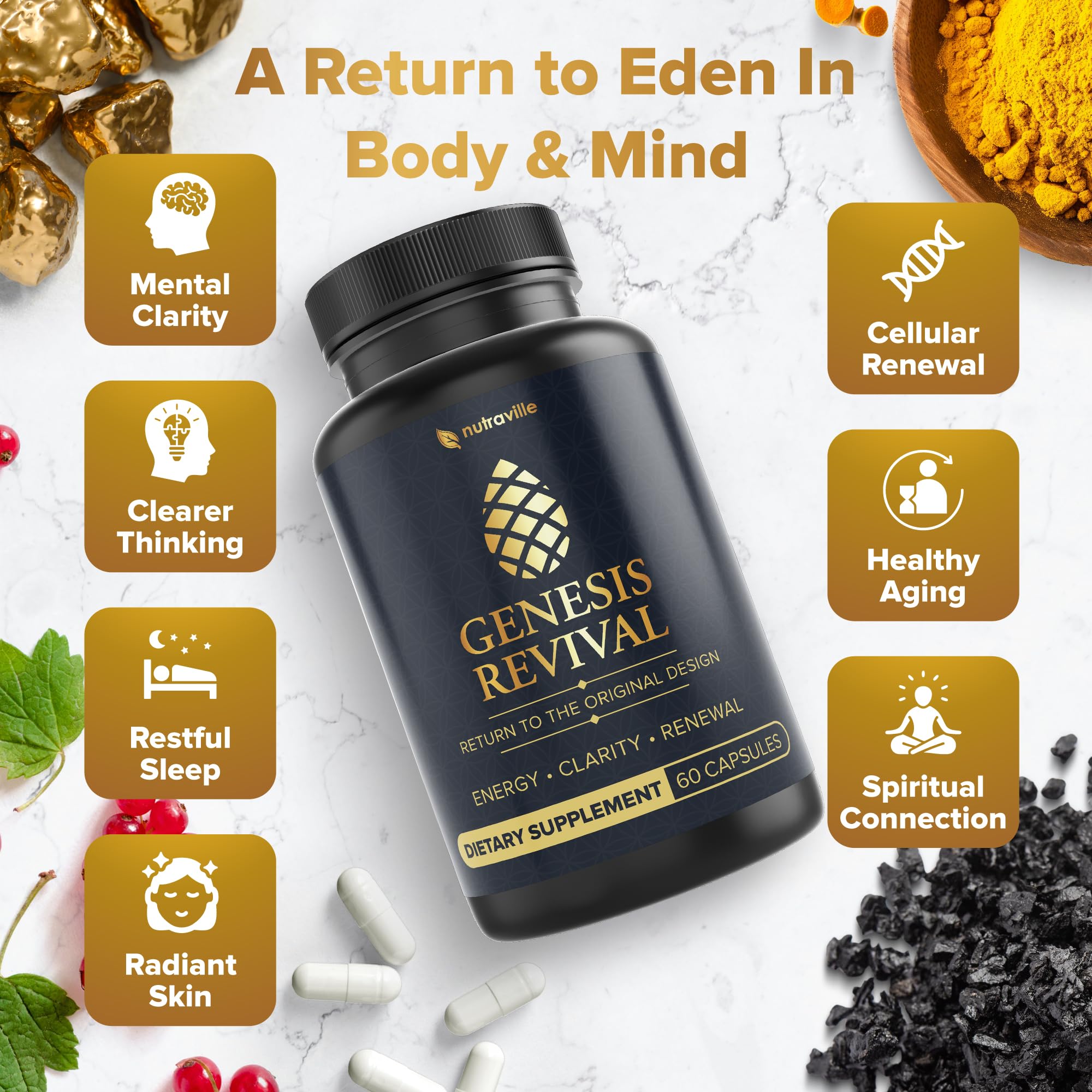 Nutraville Genesis Revival, botanicas-sagradas-closeup: mezcla de plantas para equilibrio.