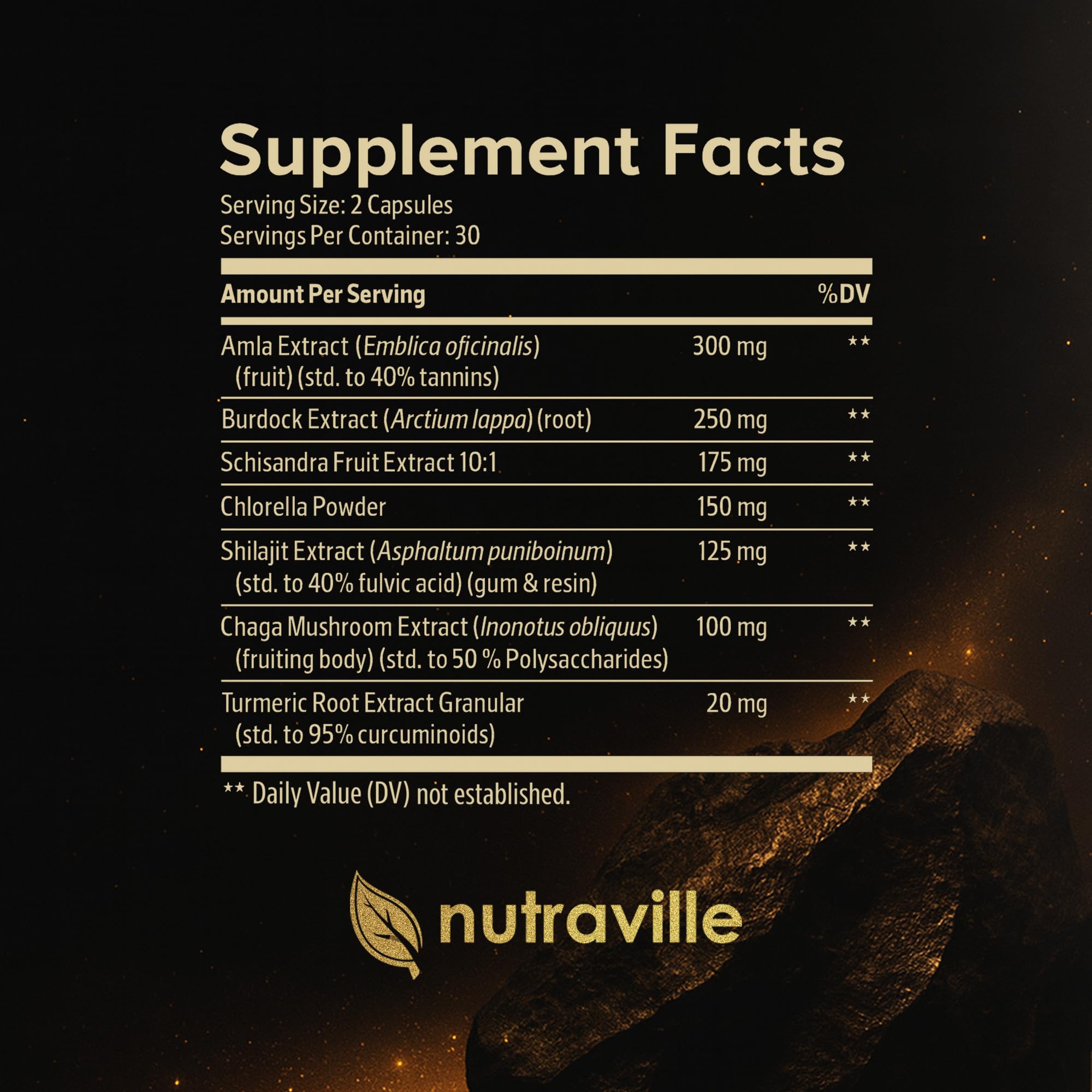 Nutraville Pineal XT Platinum: etiqueta detallada destaca minerales y fulvico para vitalidad.