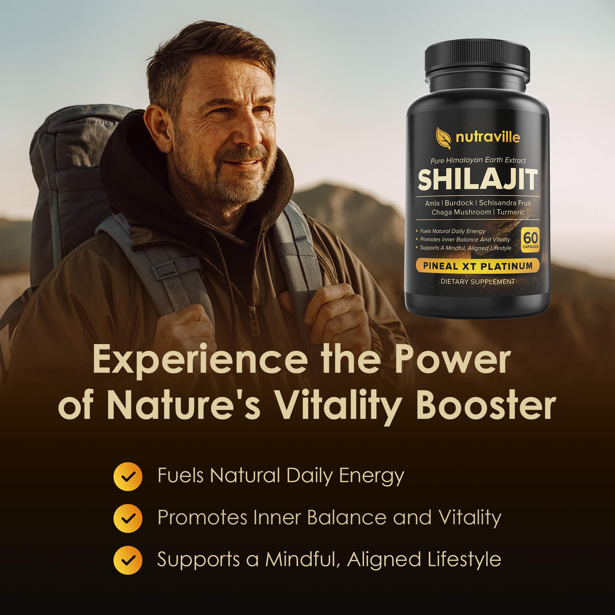 Nutraville Pineal XT Platinum: frasco en mesa para uso diario sin cafeína.