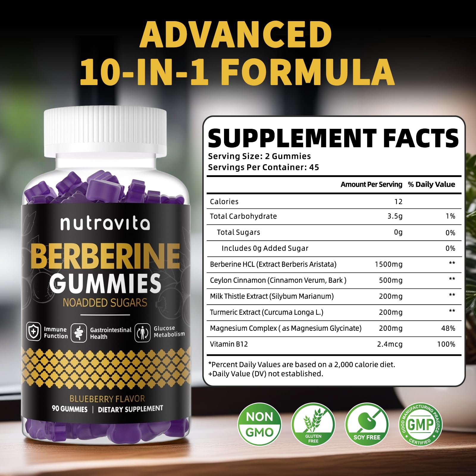 Etiqueta de Nutravita Berberina Gummies muestra ingredientes naturales y sabor a arándano.