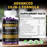 Etiqueta de Nutravita Berberina Gummies muestra ingredientes naturales y sabor a arándano.