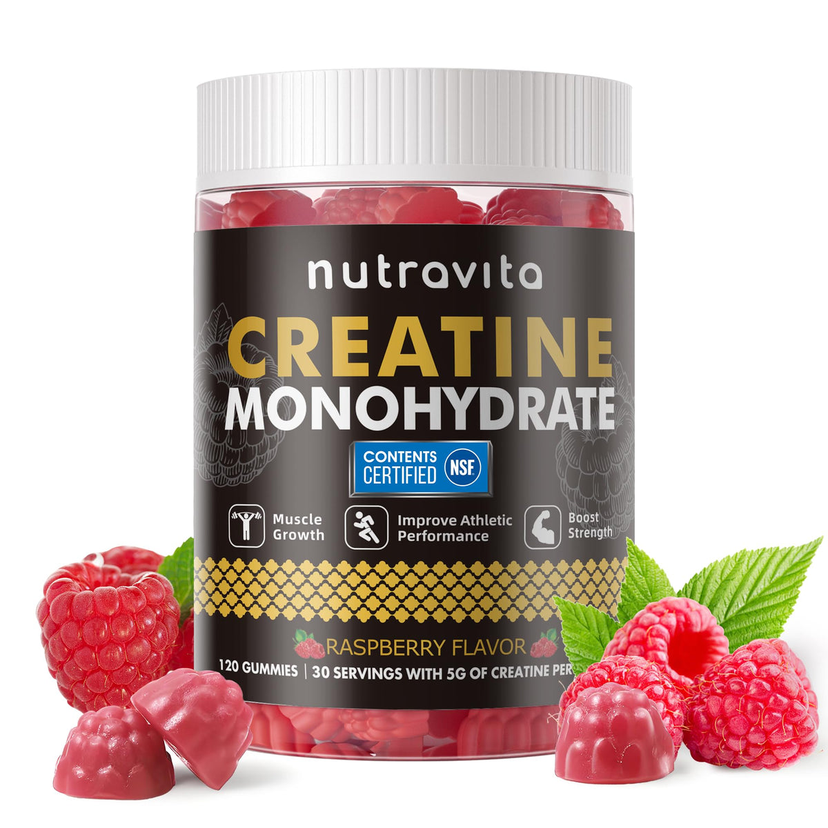 Nutravita Creatina Monohidrato Gomitas Frambuesa, empaque práctico para consumo diario