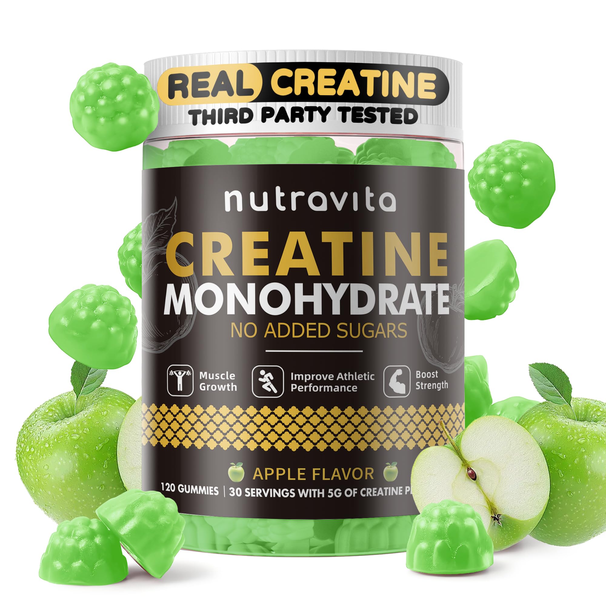 Nutravita creatina gomitas, sin azúcar, sabor manzana, ideal para estilo de vida activo