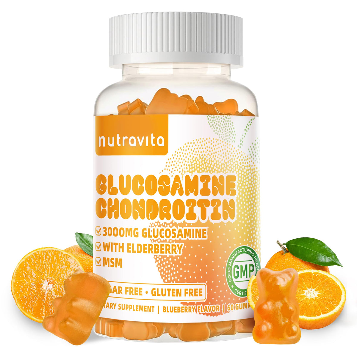 Gomitas Nutravita glucosamina condroitina sabor naranja, botella visible para apoyo articular.