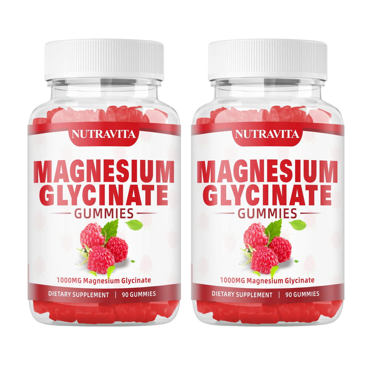 Gomitas Nutravita magnesio glicinato frambuesa en botella para consumo diario.