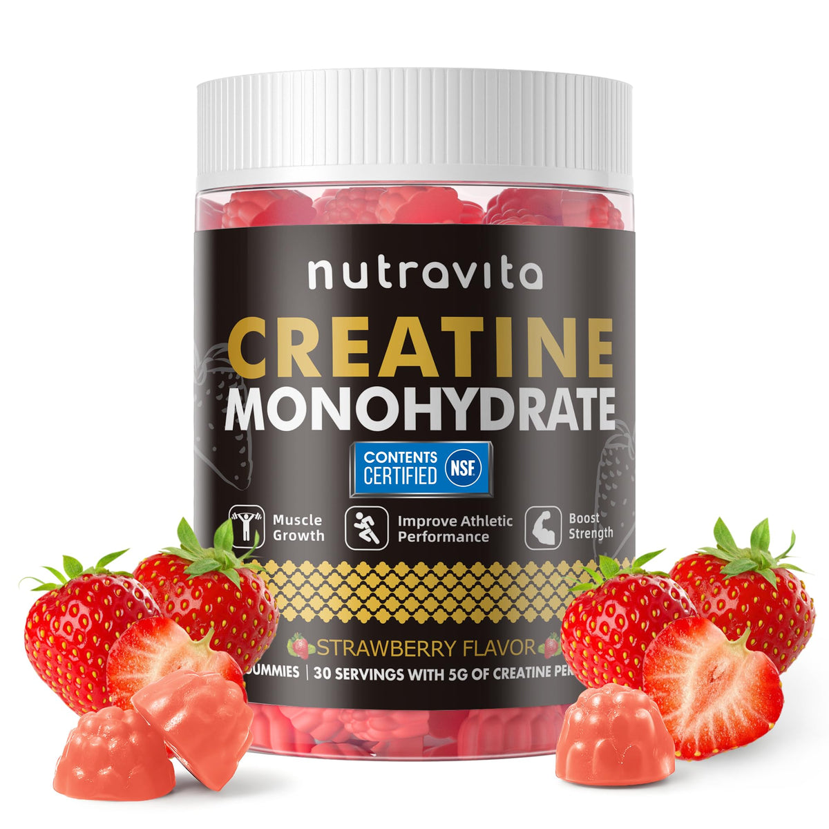Nutravita gomitas creatina monohidrato sabor fresa, bote visible para entrenamiento diario
