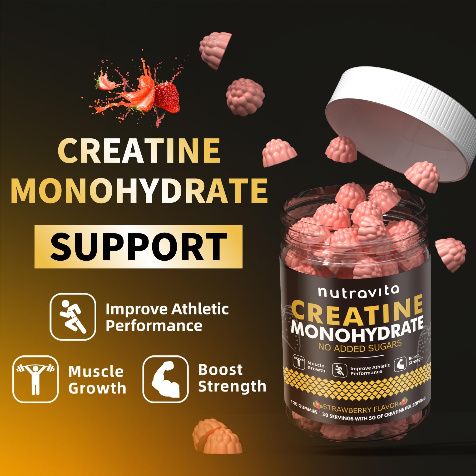 Nutravita gomitas creatina monohidrato, etiqueta sin gluten, aptas para ciertas dietas