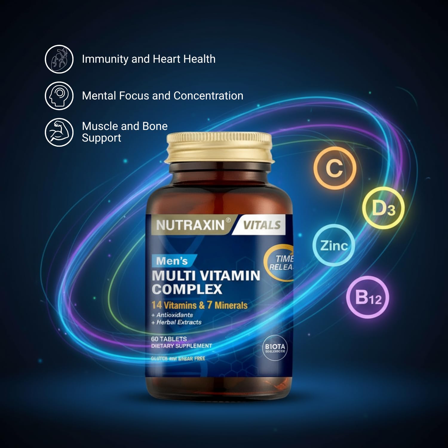 Botella de Nutraxin Men sobre mesa: uso diario para energía y bienestar