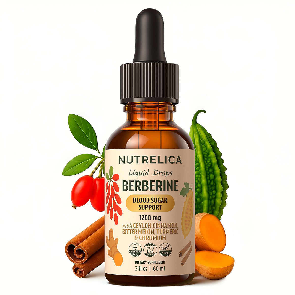 NUTRELICA Berberina en botella con gotero para equilibrio glucémico diario.