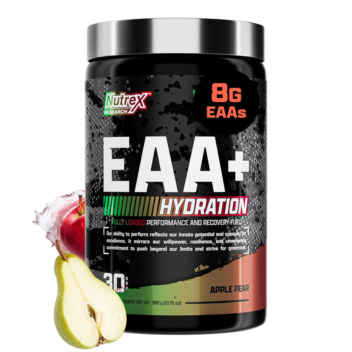 Nutrex Research EAA Hydration, botella frontal, apoyo para recuperación muscular y resistencia.