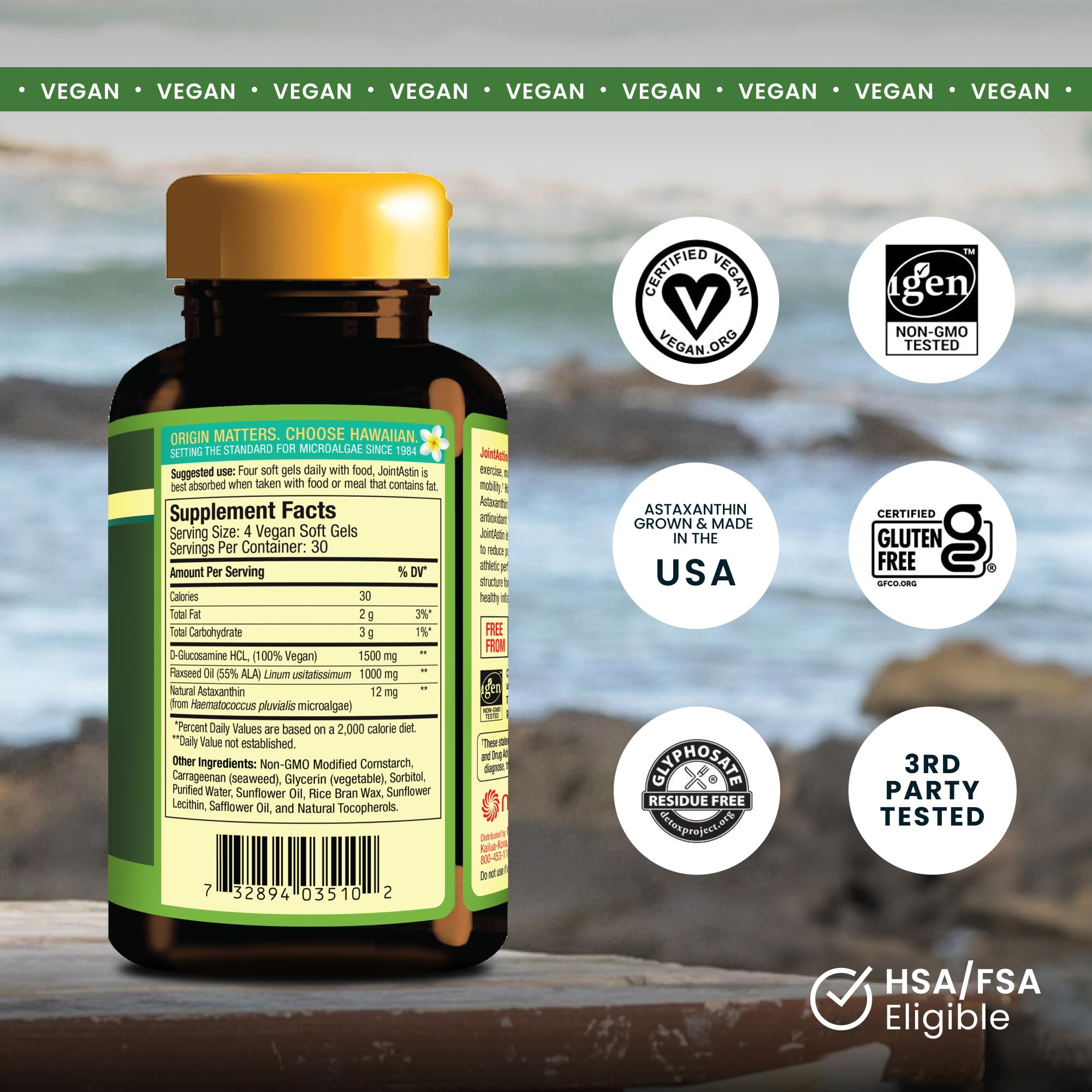 Nutrex Hawaii JointAstin, etiqueta frontal con información clara de ingredientes clave.