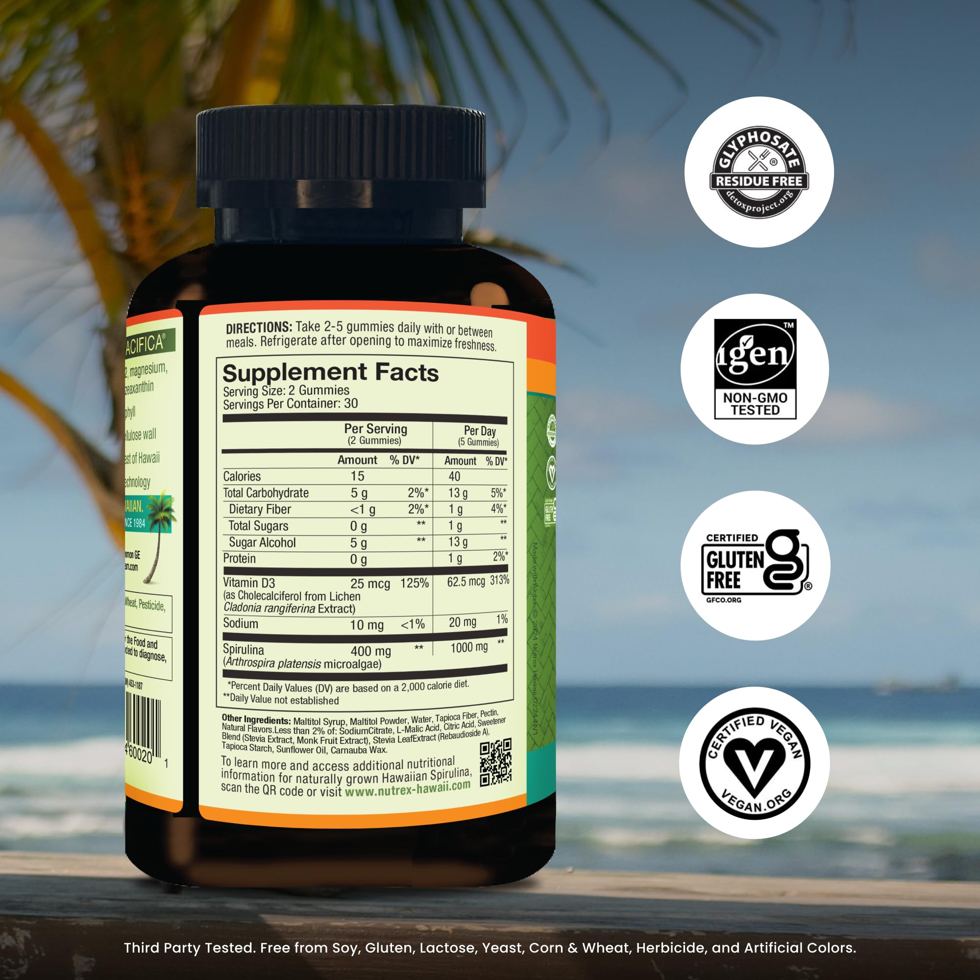 Etiqueta detalle de Nutrex Hawaii Spirulina Gomitas con Vitamina D3