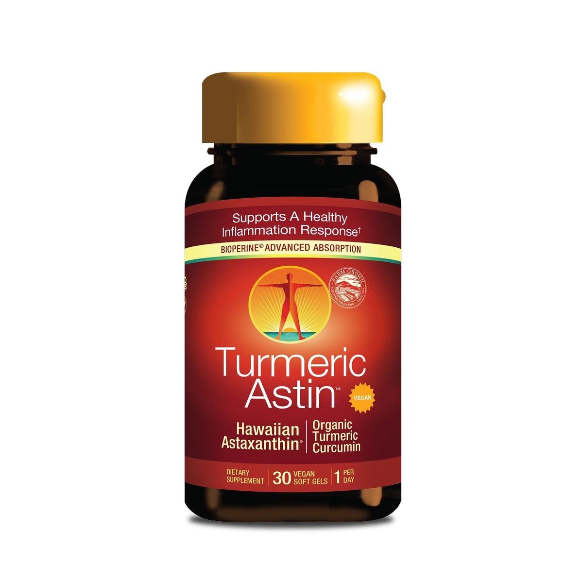Nutrex Hawaii TurmericAstin, botella con cápsulas veganas para apoyo antioxidante diario.