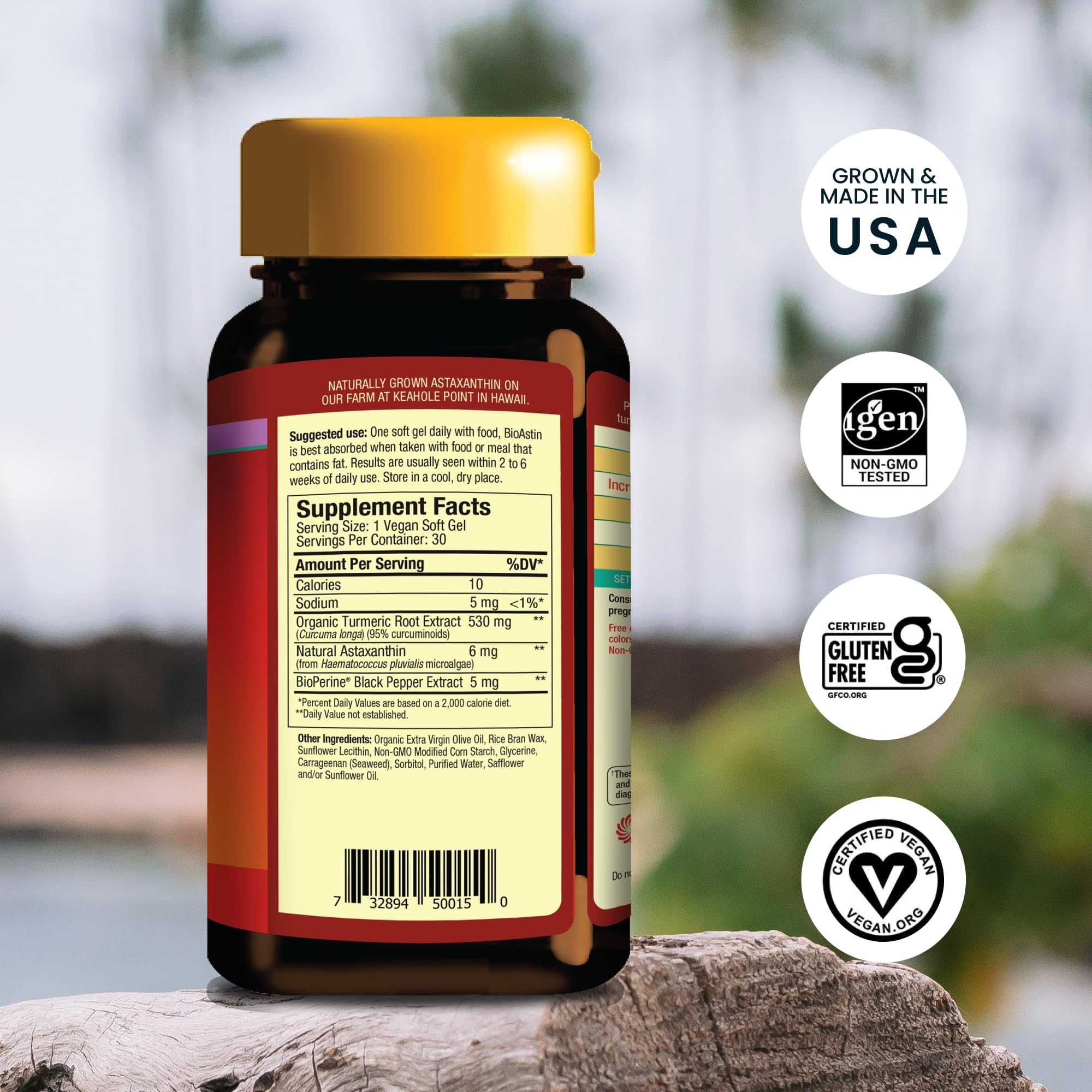 Nutrex Hawaii TurmericAstin, cápsulas veganas para uso diario y bienestar general.