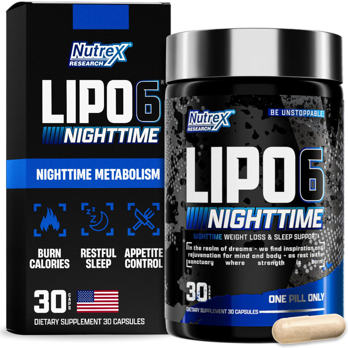 Nutrex Lipo 6 Nighttime botella mostrando formato nocturno y uso recomendado.