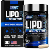 Nutrex Lipo 6 Nighttime botella mostrando formato nocturno y uso recomendado.