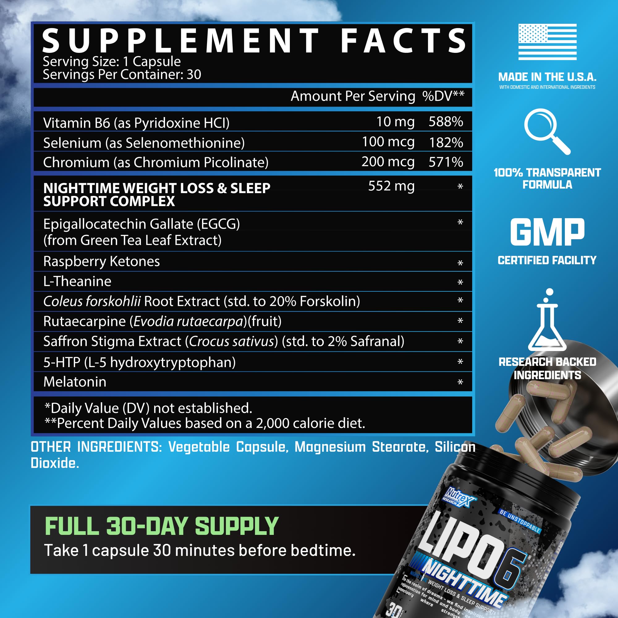 Nutrex Lipo 6 Nighttime cápsulas sin cafeína para noche tranquila.