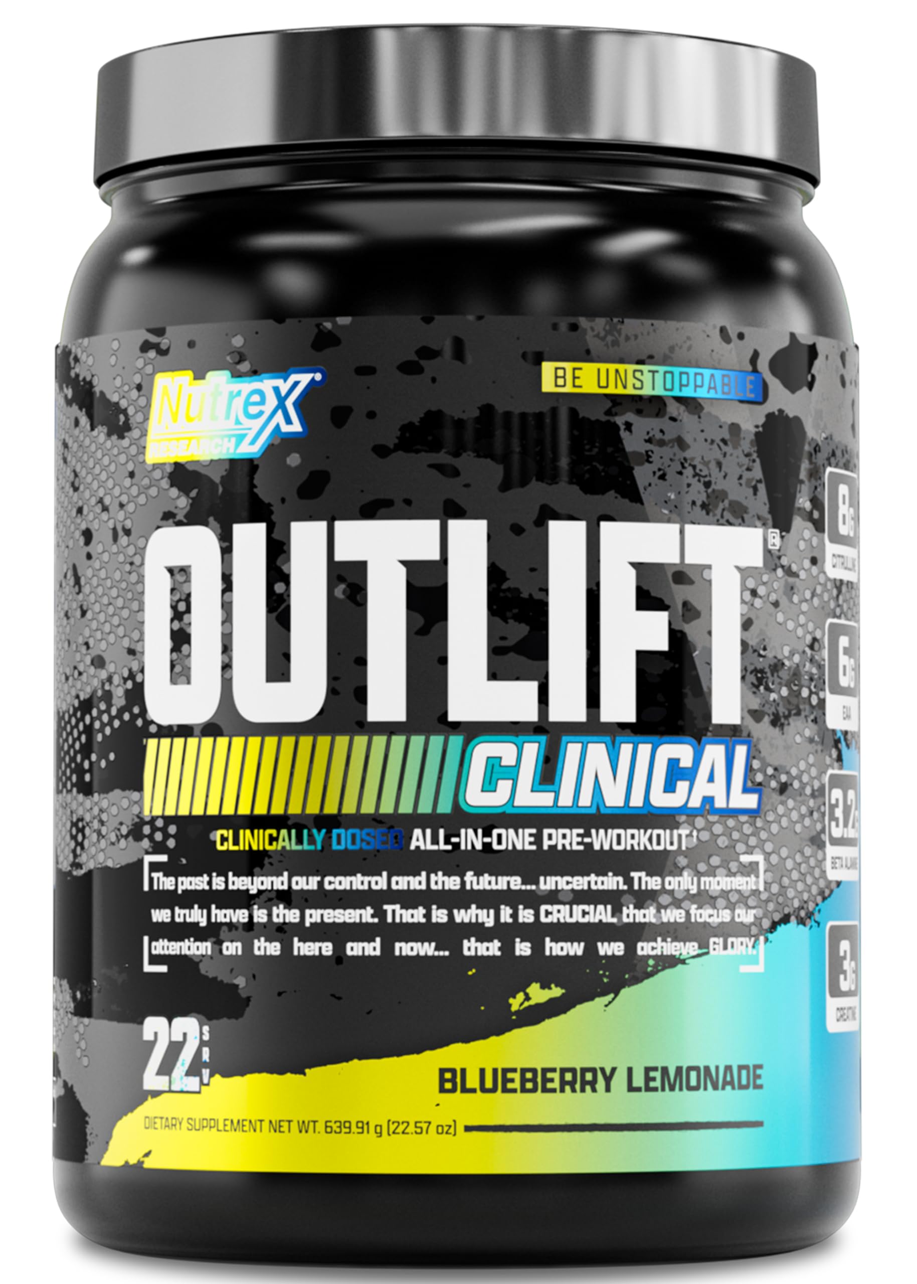 Nutrex Outlift, polvo azul de limón en vaso, energía para entreno.