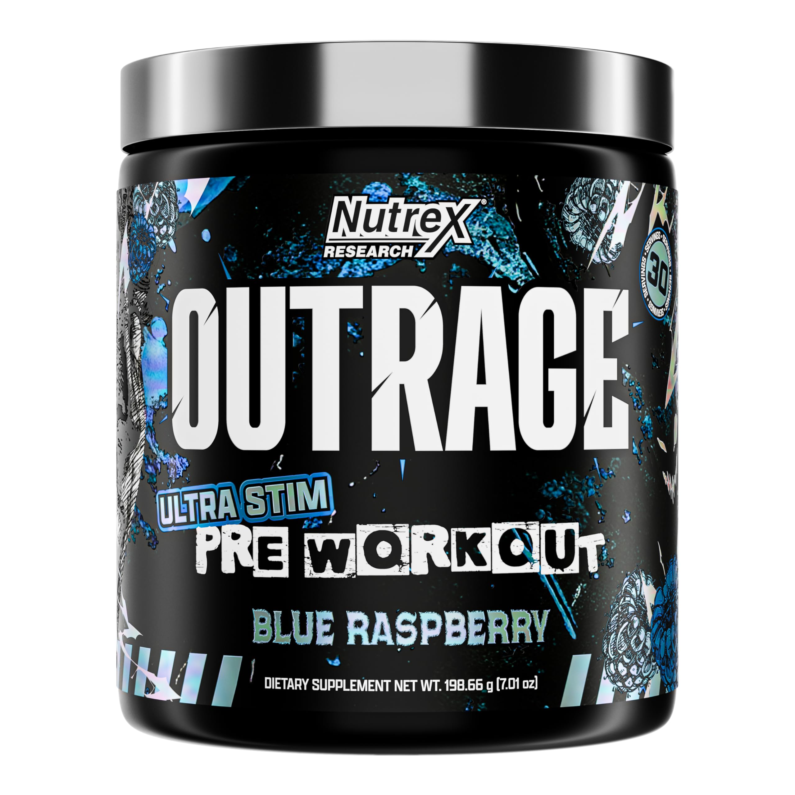 Nutrex Outrage envase azul mostrando energía y enfoque para entrenamientos intensos