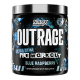 Nutrex Outrage envase azul mostrando energía y enfoque para entrenamientos intensos