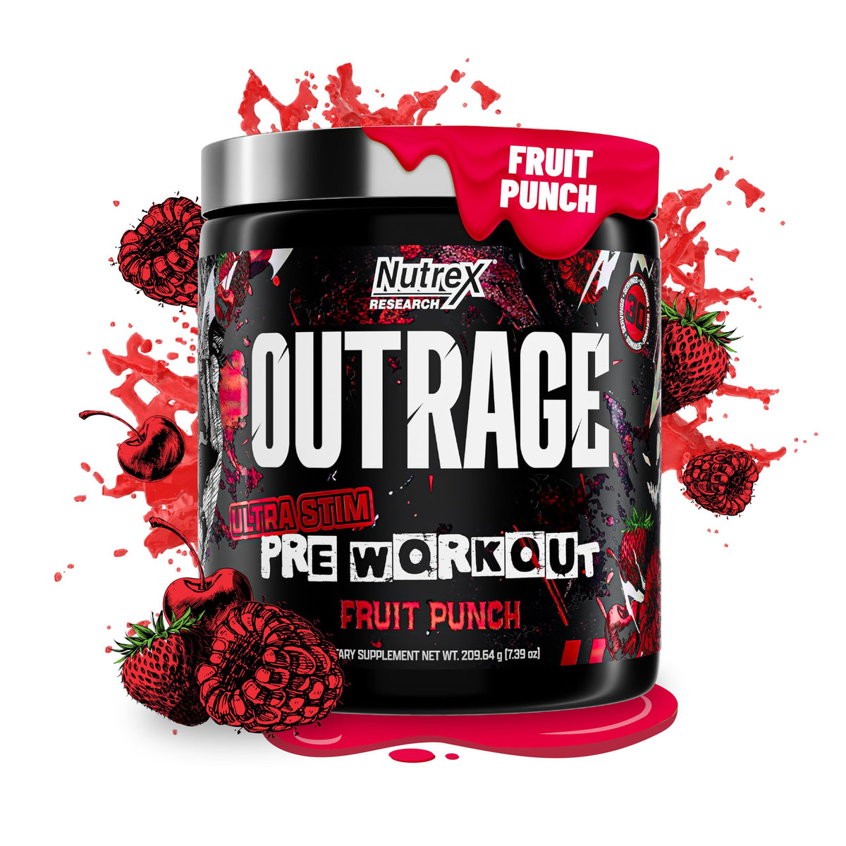 Nutrex Outrage Fruit Punch, cucharada de medida para energía rápida durante entrenamientos.