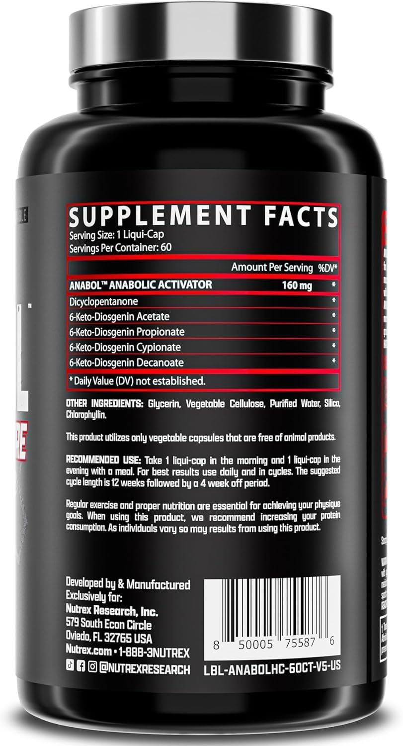 Nutrex Research Anabol Hardcore cápsulas en mano, potenciando músculos más densos.