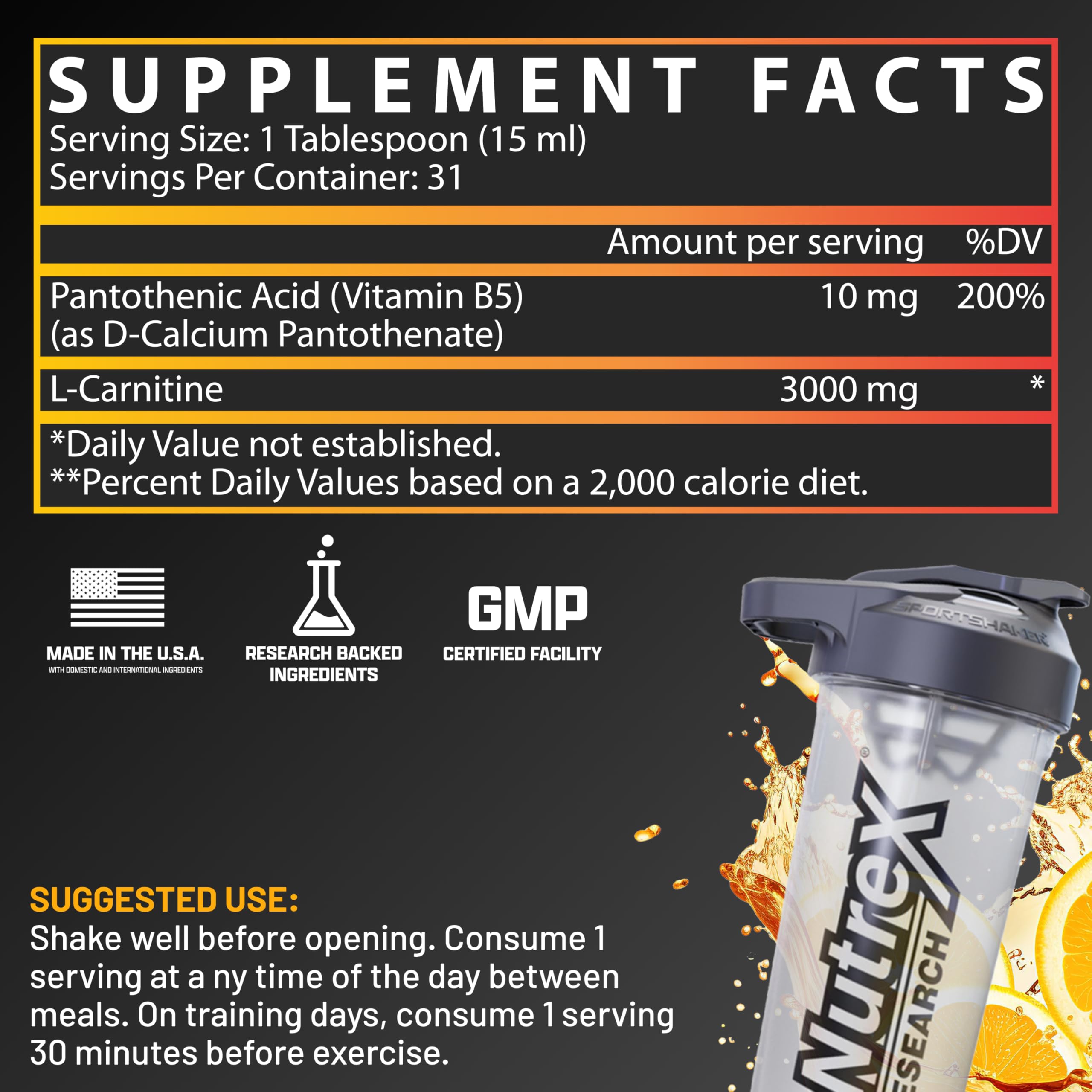 Nutrex Research Carnitina Líquida 3000, textura clara facilita la absorción.
