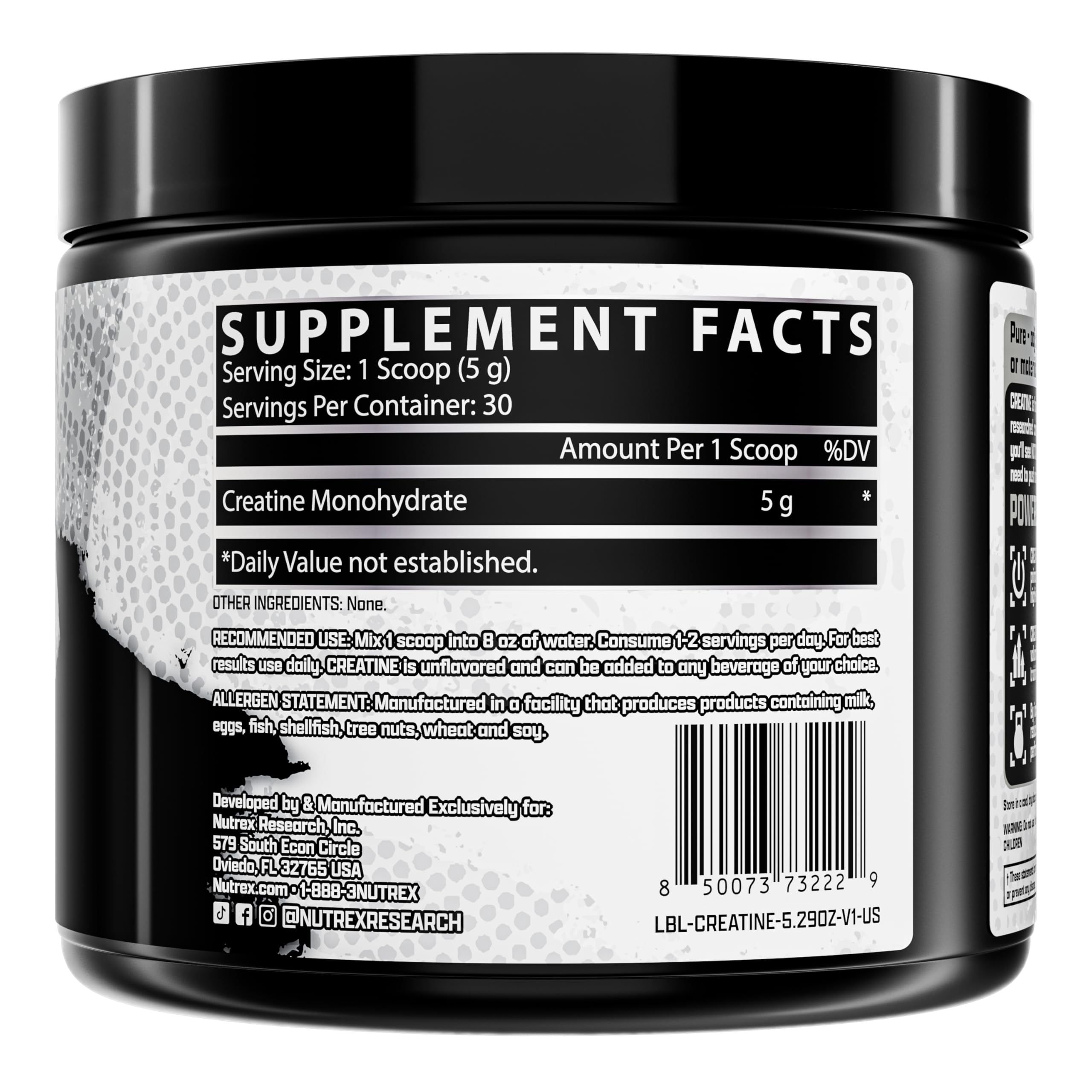Nutrex Research Creatina Monohidratada, disolución fácil en bebidas.