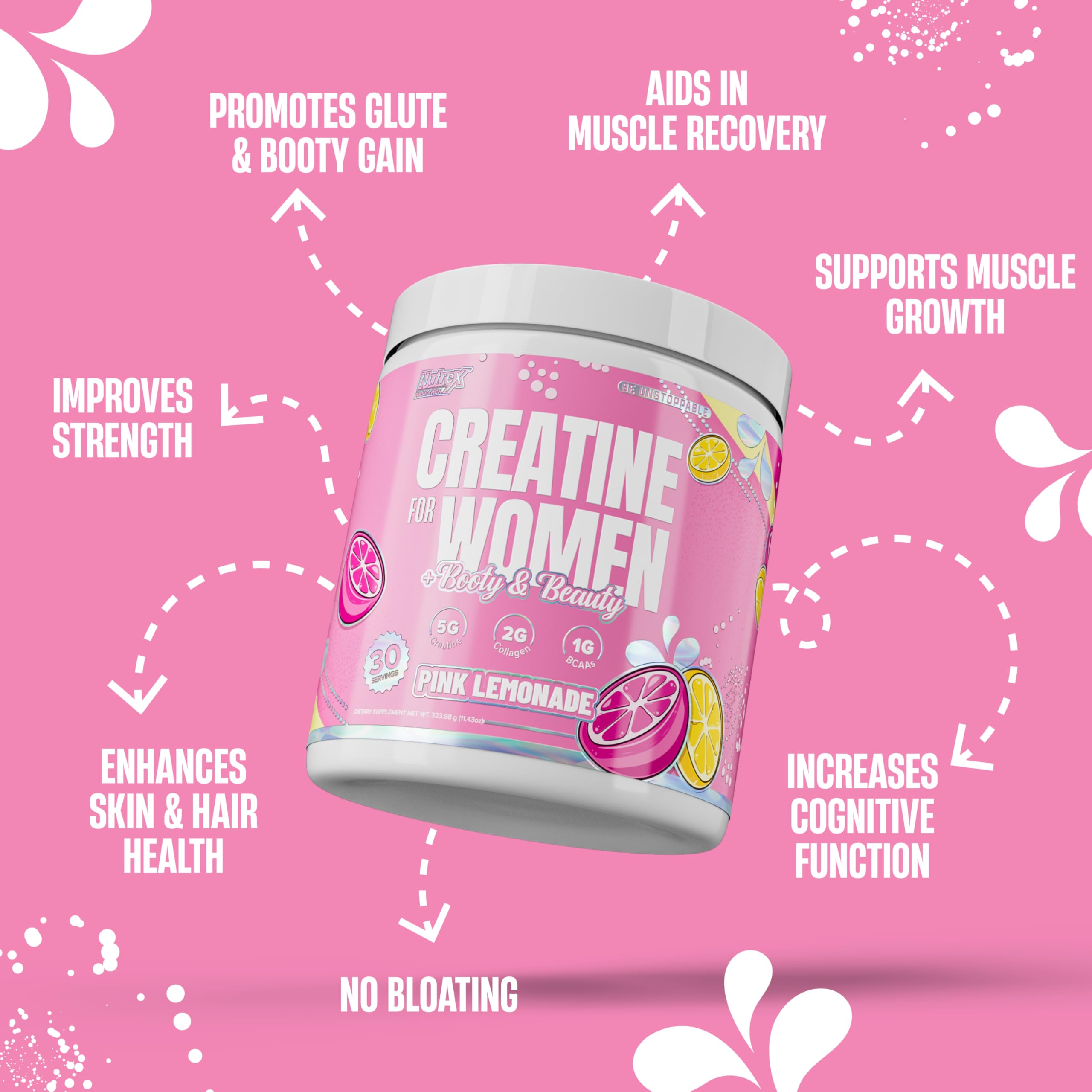 Nutrex Research Creatina para Mujeres, etiqueta clara destacando colágeno y BCAA