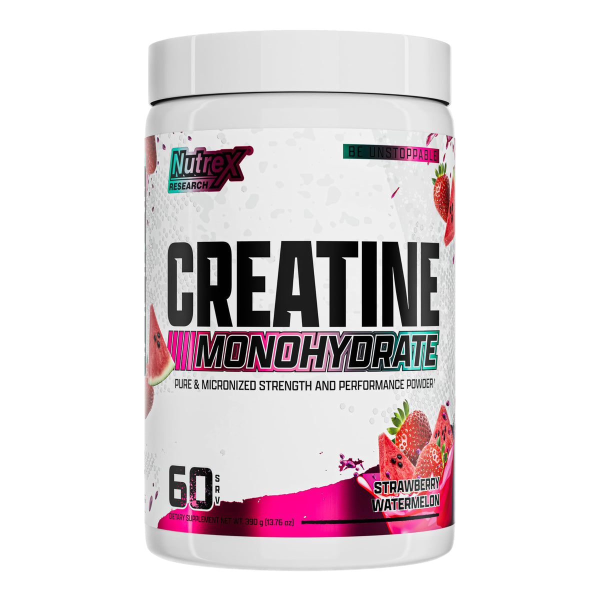 Nutrex Research creatina sabor fresa sandía, bote visible para entrenamientos dinámicos.