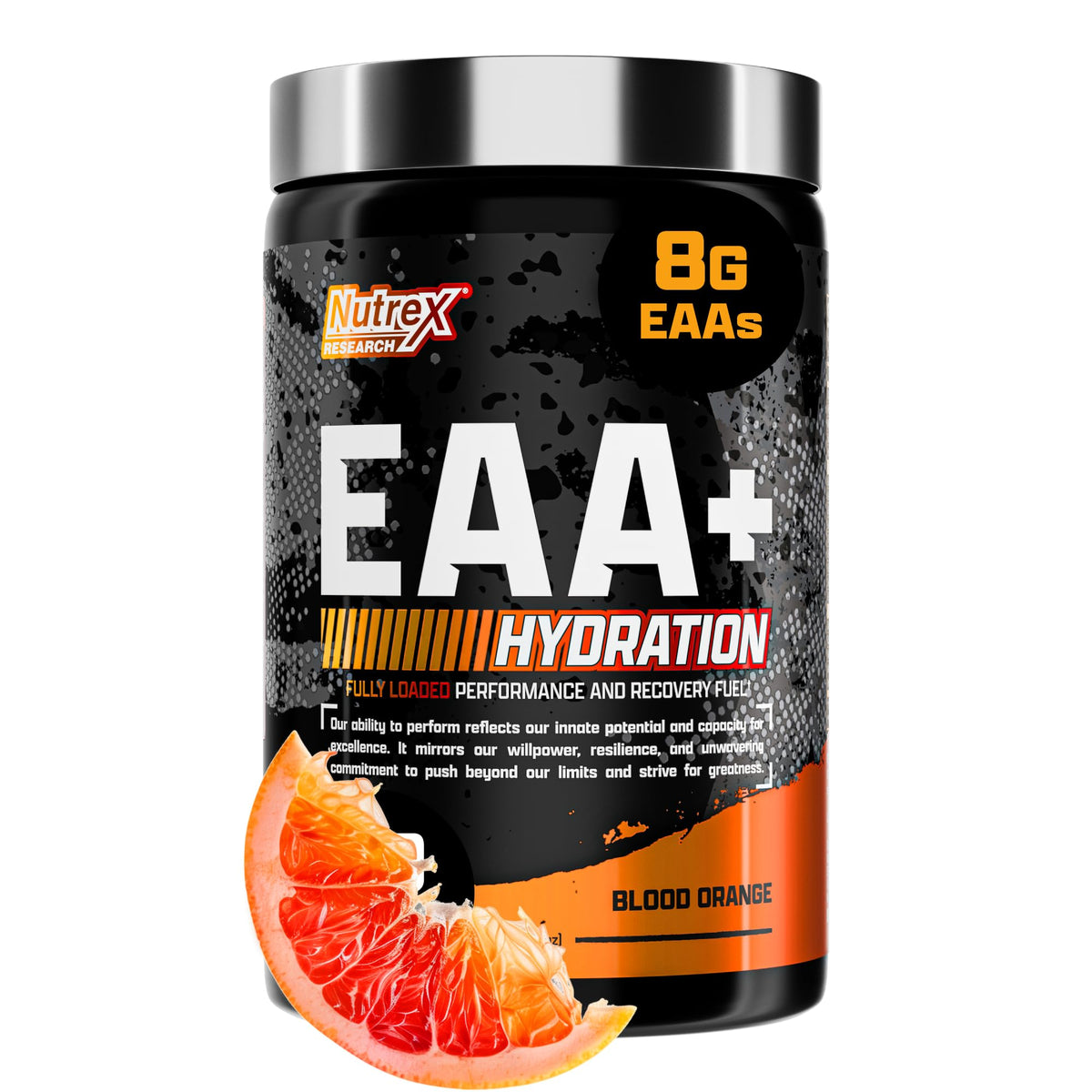 Nutrex Research EAA Hydration, bote naranja sanguina, ideal para entrenamientos prolongados.