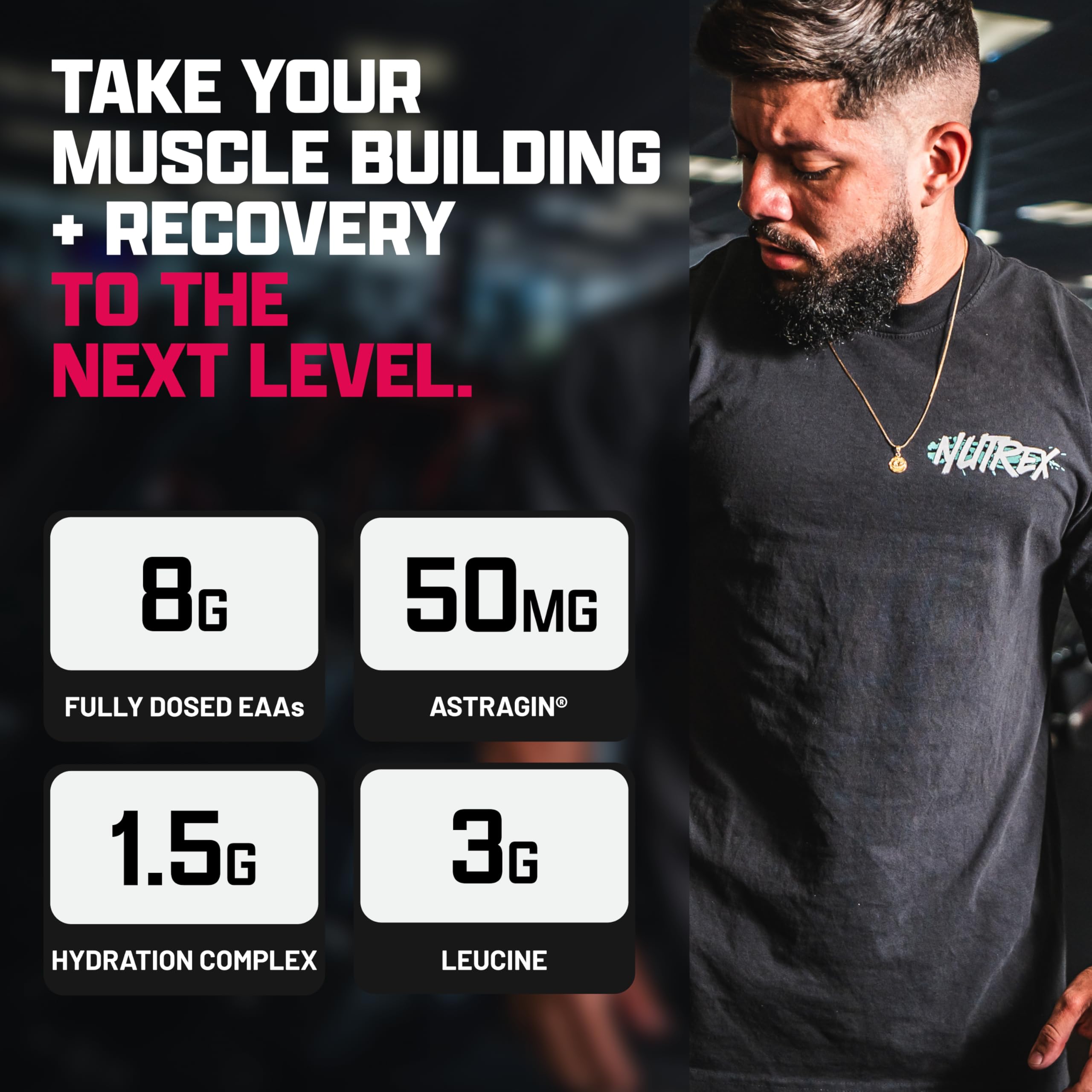 Nutrex Research EAA Hydration: botella lista para entrenamiento y recuperación posentrenamiento.