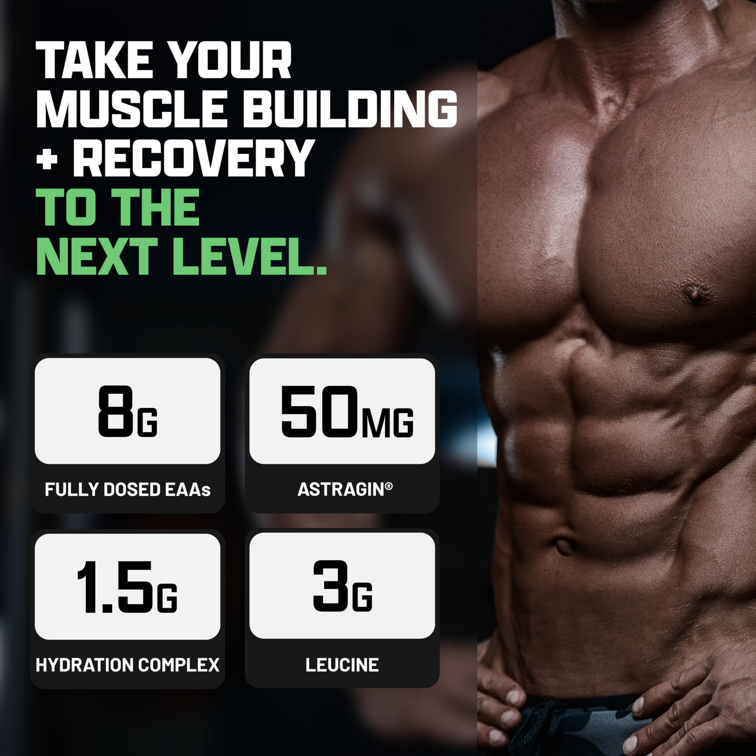 Nutrex Research EAA Hydration, etiqueta del producto con información de aminoácidos y electrólitos