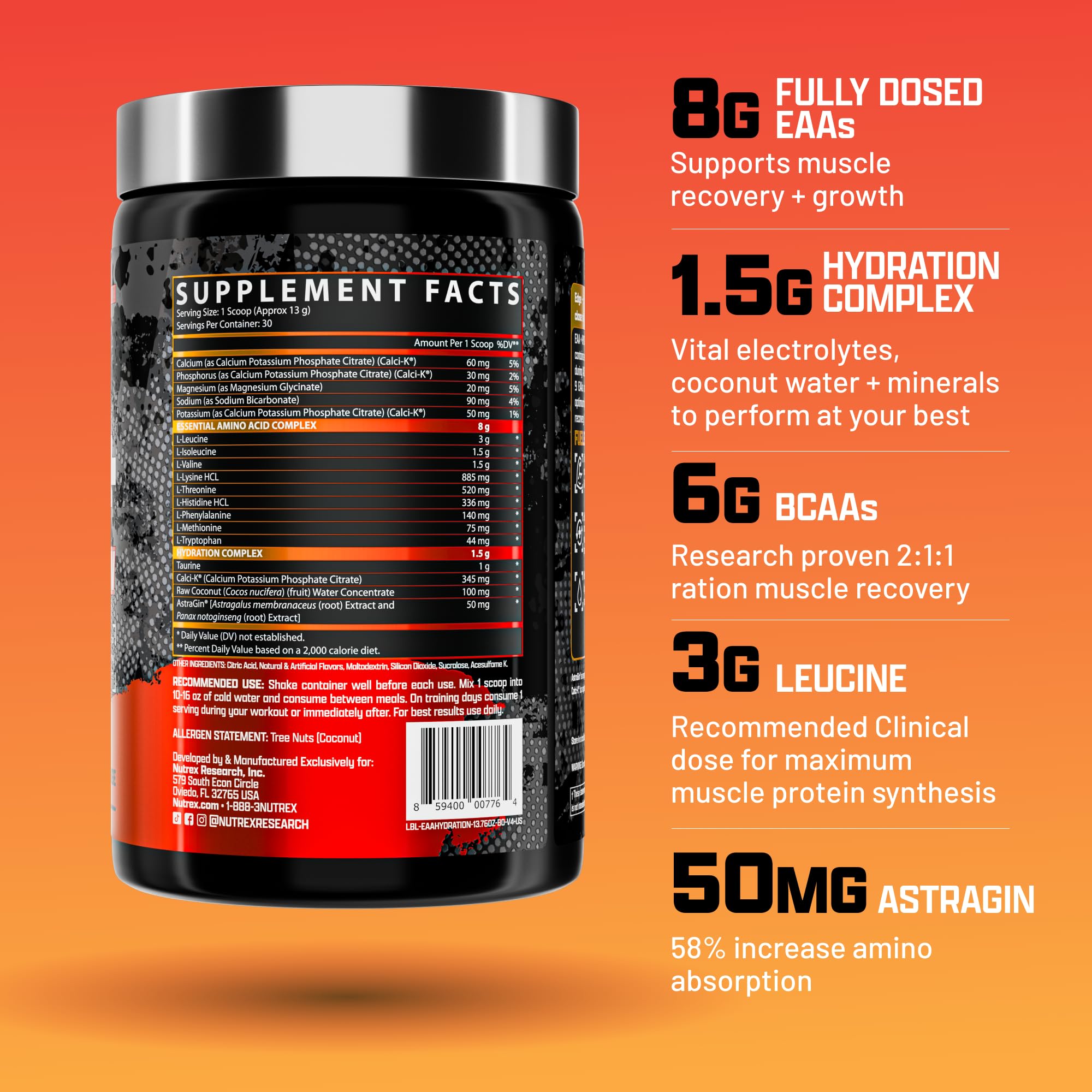 Nutrex EAA Hydration, medidor incluido, dosis precisas para rendimiento óptimo.