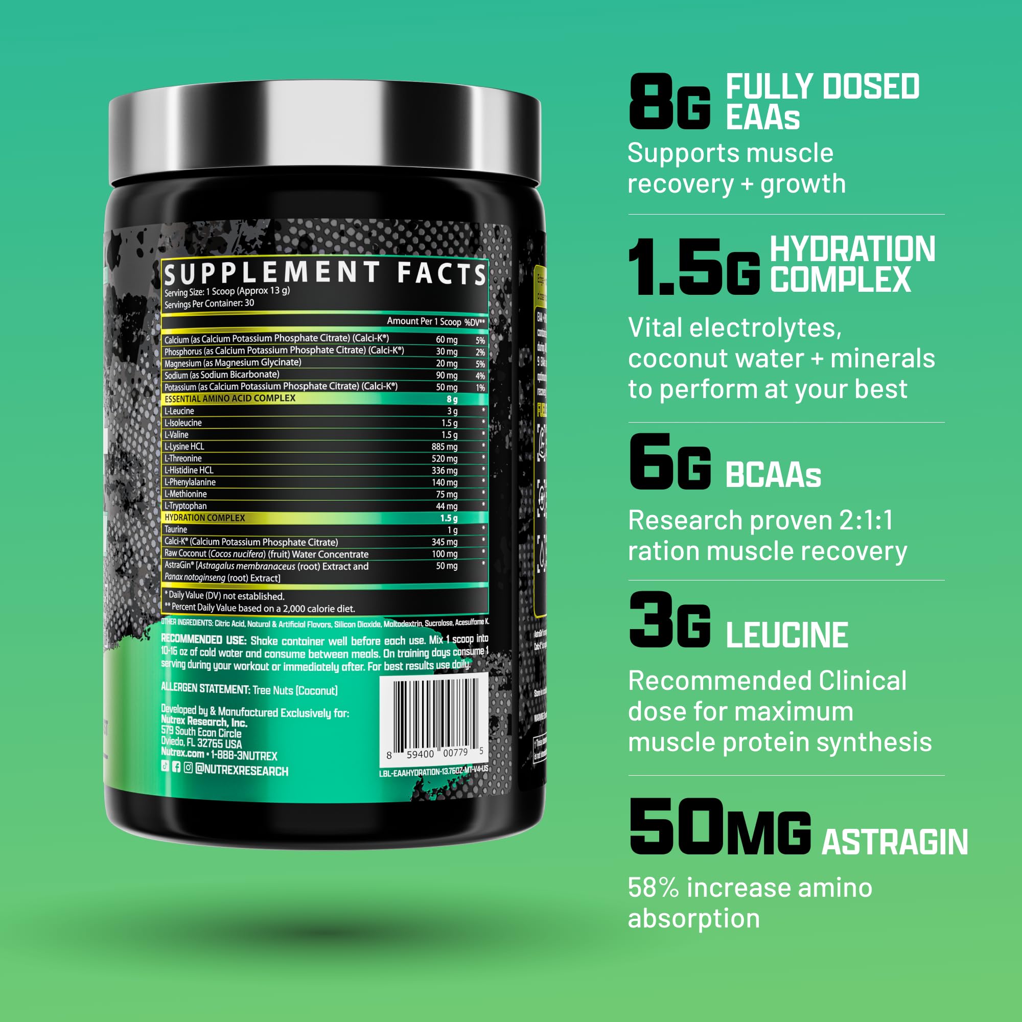 Nutrex Research EAA Hydration, verter en vaso para hidratación sostenida durante sesiones intensas