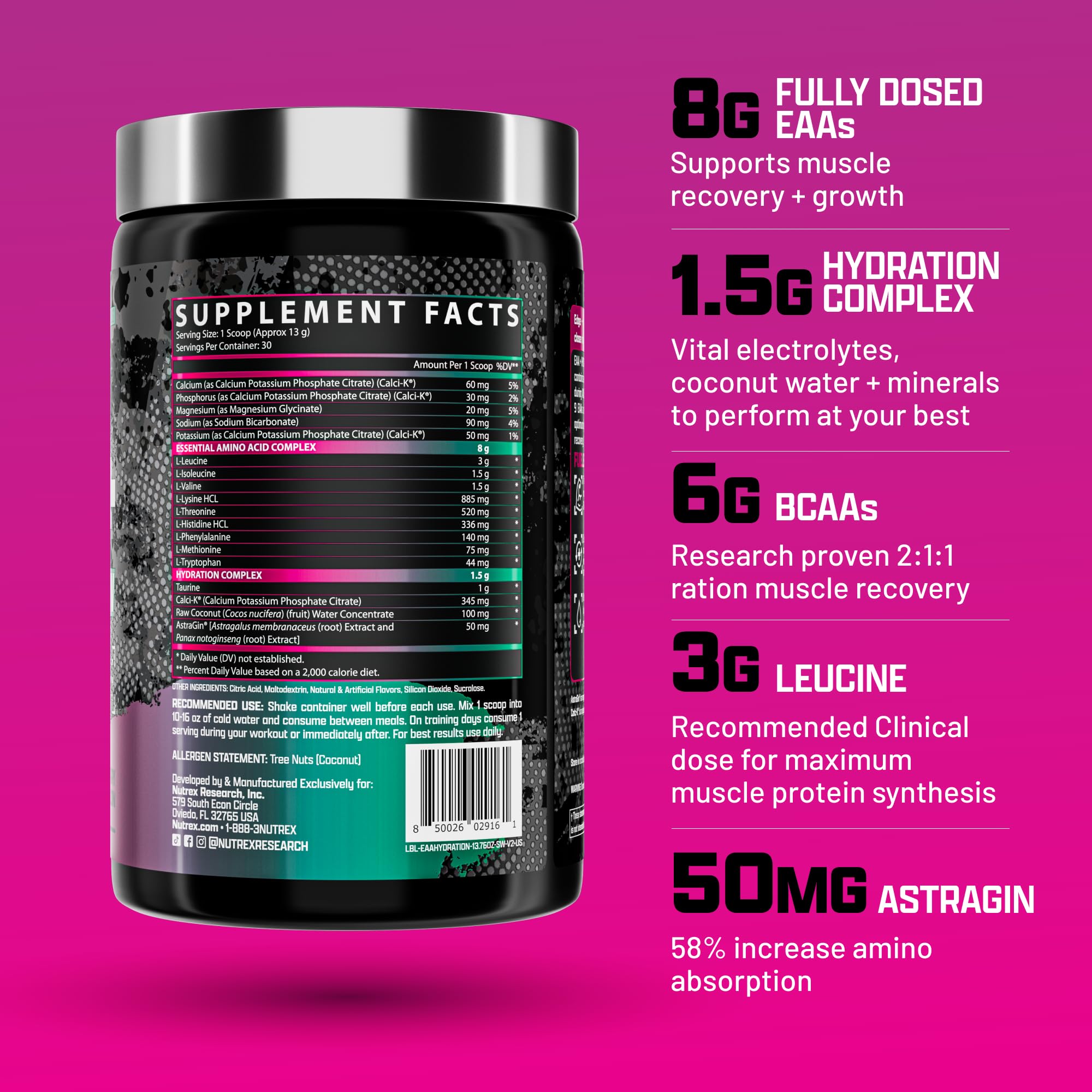 Nutrex Research EAA Hydration con cuchara, dosis de aminoácidos y electrolitos para entrenos