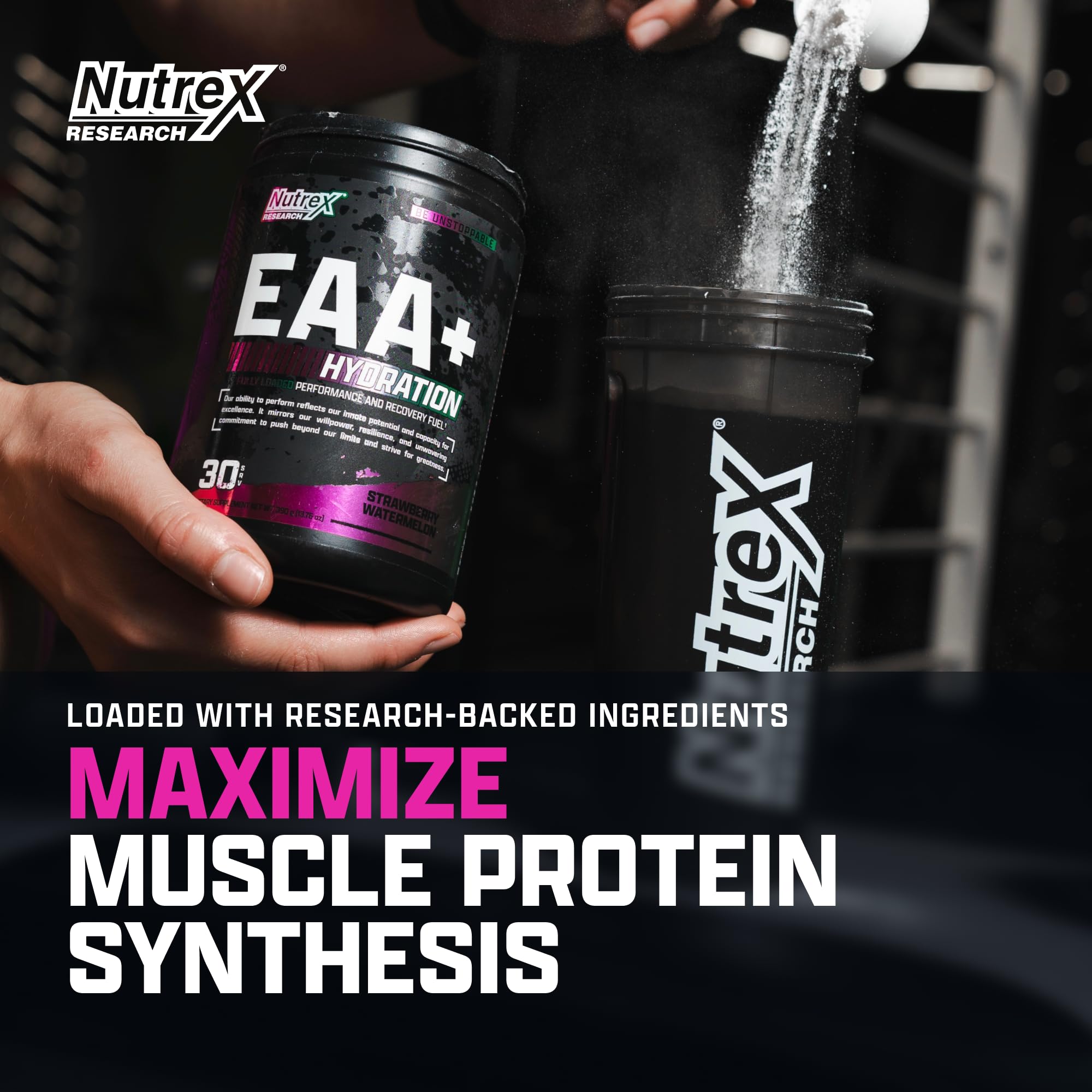 Etiqueta de Nutrex Research EAA Hydration muestra el perfil de aminoácidos y sabor