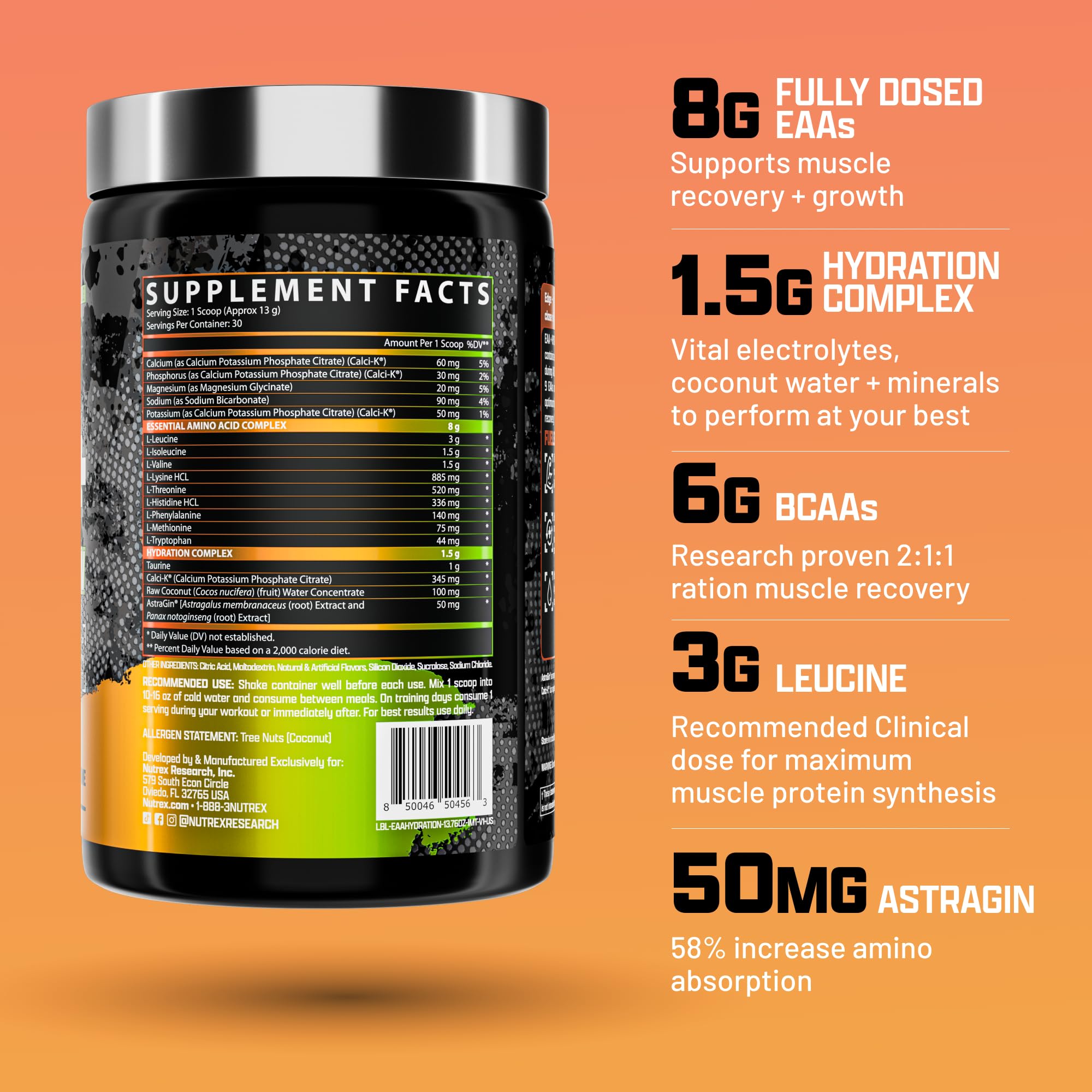 Nutrex Research EAA Hydration: mezcla sin grumos para bebidas de gimnasio