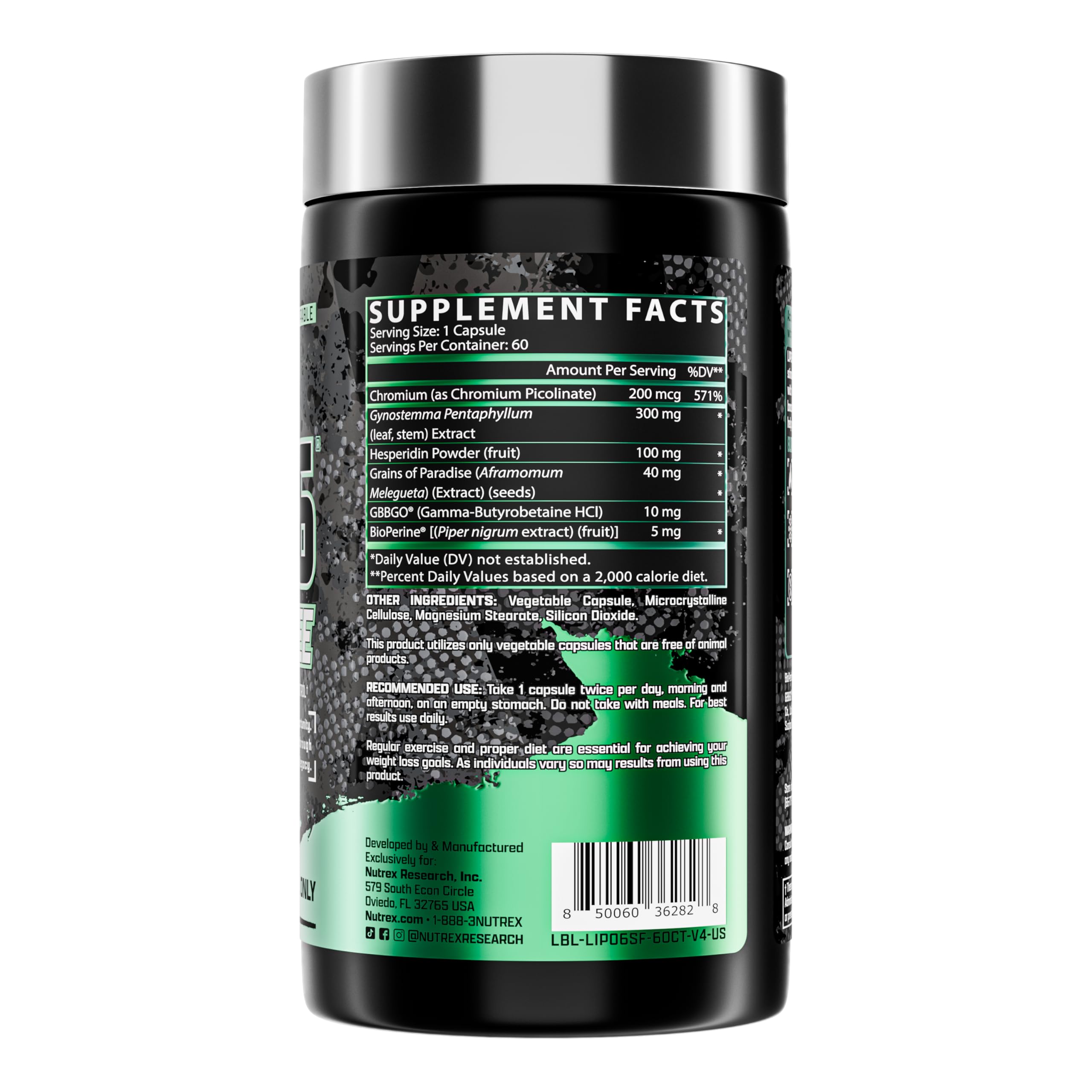 Nutrex Research LIPO SIX sin estimulante, uso diario sencillo junto a otros suplementos.