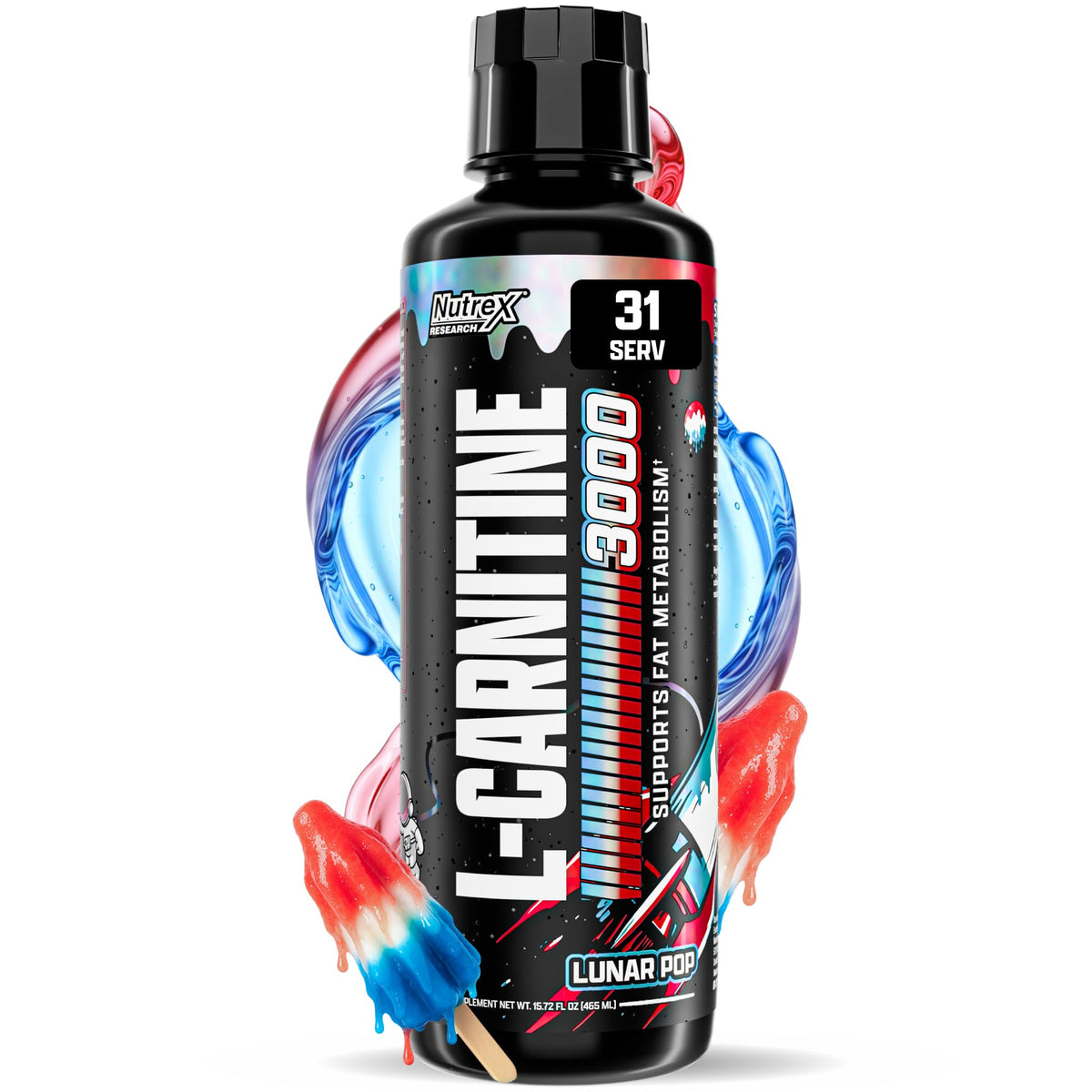 Nutrex Research Liquid Carnitine 3000, botella derramando, energía para entrenamientos sostenidos