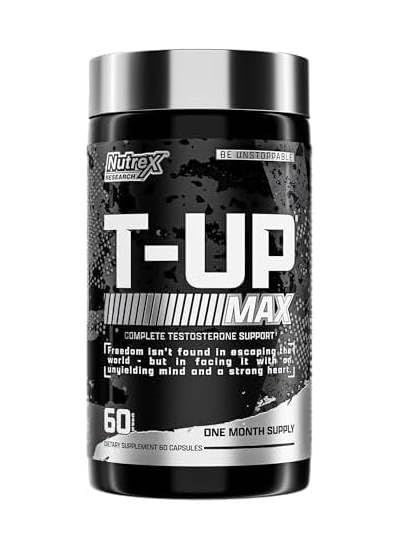 Nutrex Research T-UP, botella frontal, enfoque en rendimiento y recuperación.
