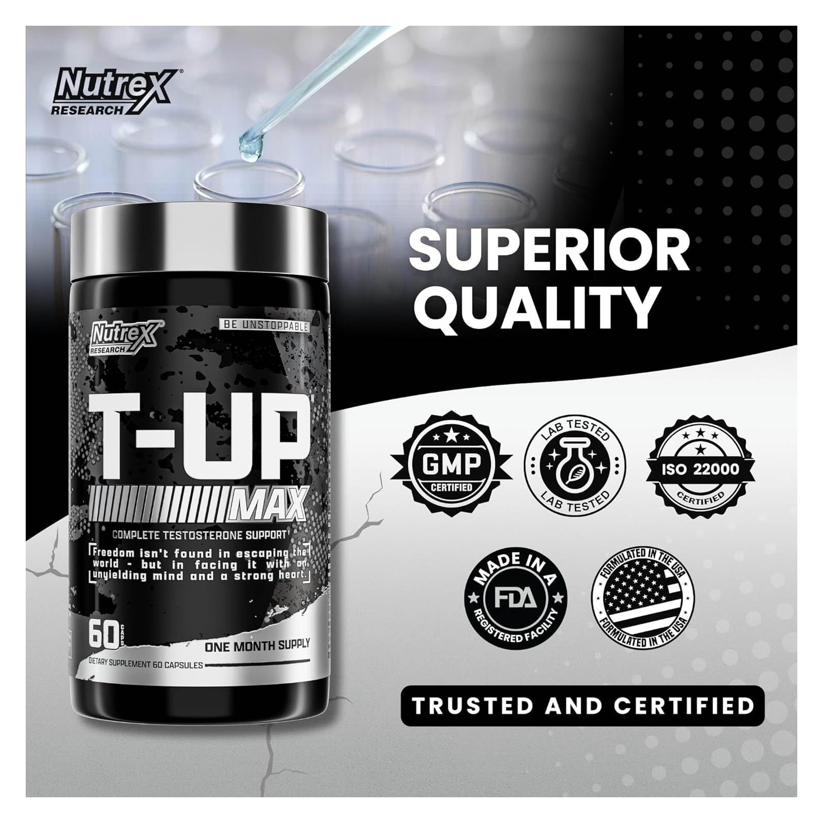 Nutrex Research T-UP, cápsulas en botella, soporte de fuerza muscular y resistencia.