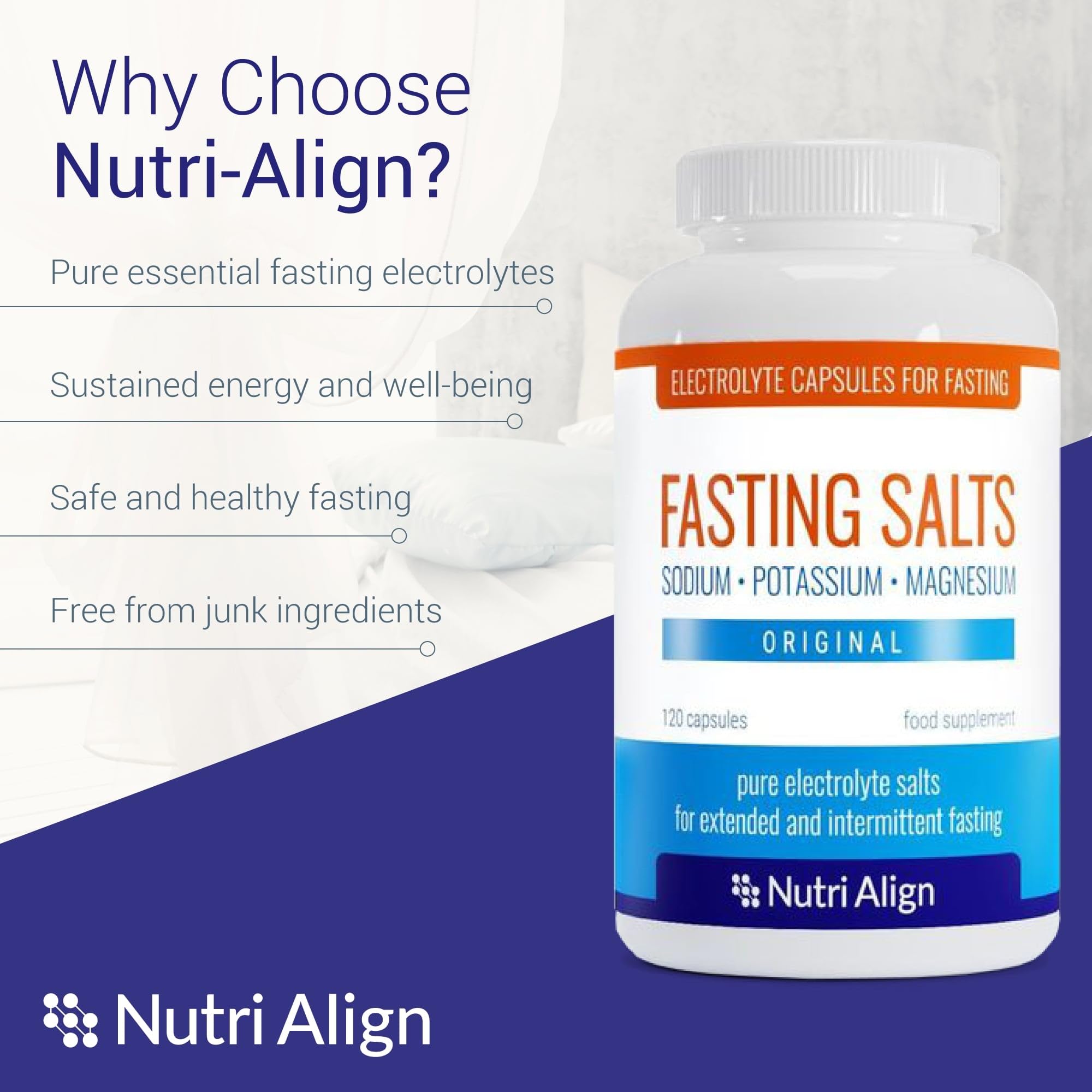 Nutri-Align Fasting Salts composición: sodio, potasio y magnesio para equilibrio electrolítico.