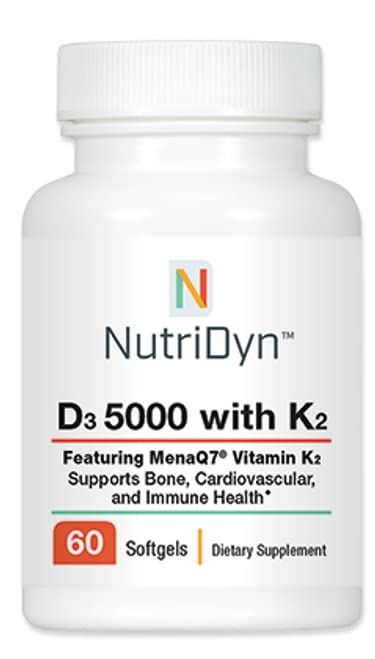 Nutri-Dyn D3 5000 con K2, 60 softgels, apoyo a la salud ósea y cardiovascular.