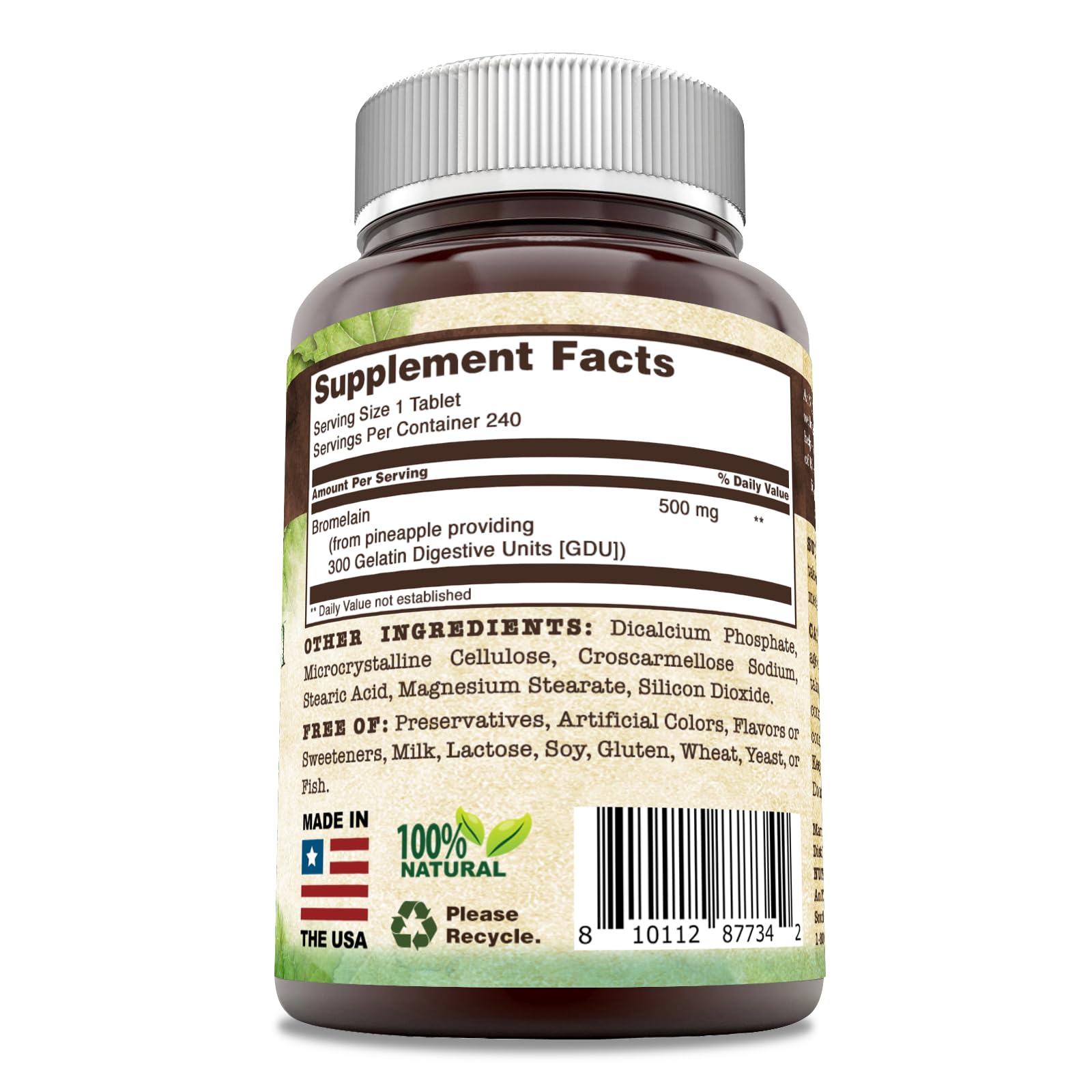 Nutri Essentials Bromelina 500 mg, etiqueta legible con indicaciones de uso.