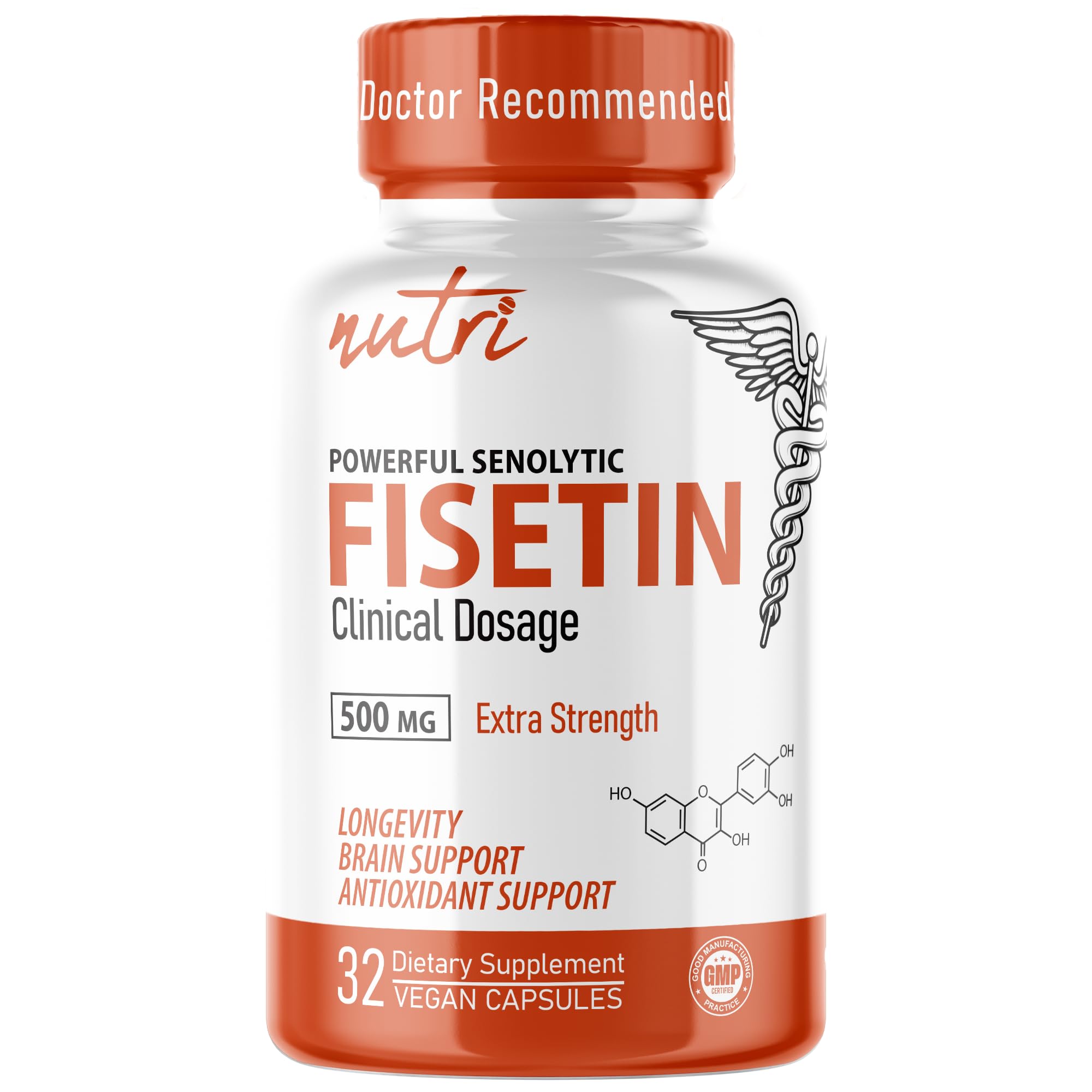 Nutri Fisetin: botella de 500 mg mostrando cápsulas para apoyo antioxidante