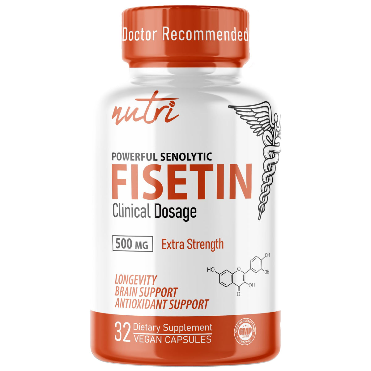 Nutri Fisetin: botella de 500 mg mostrando cápsulas para apoyo antioxidante