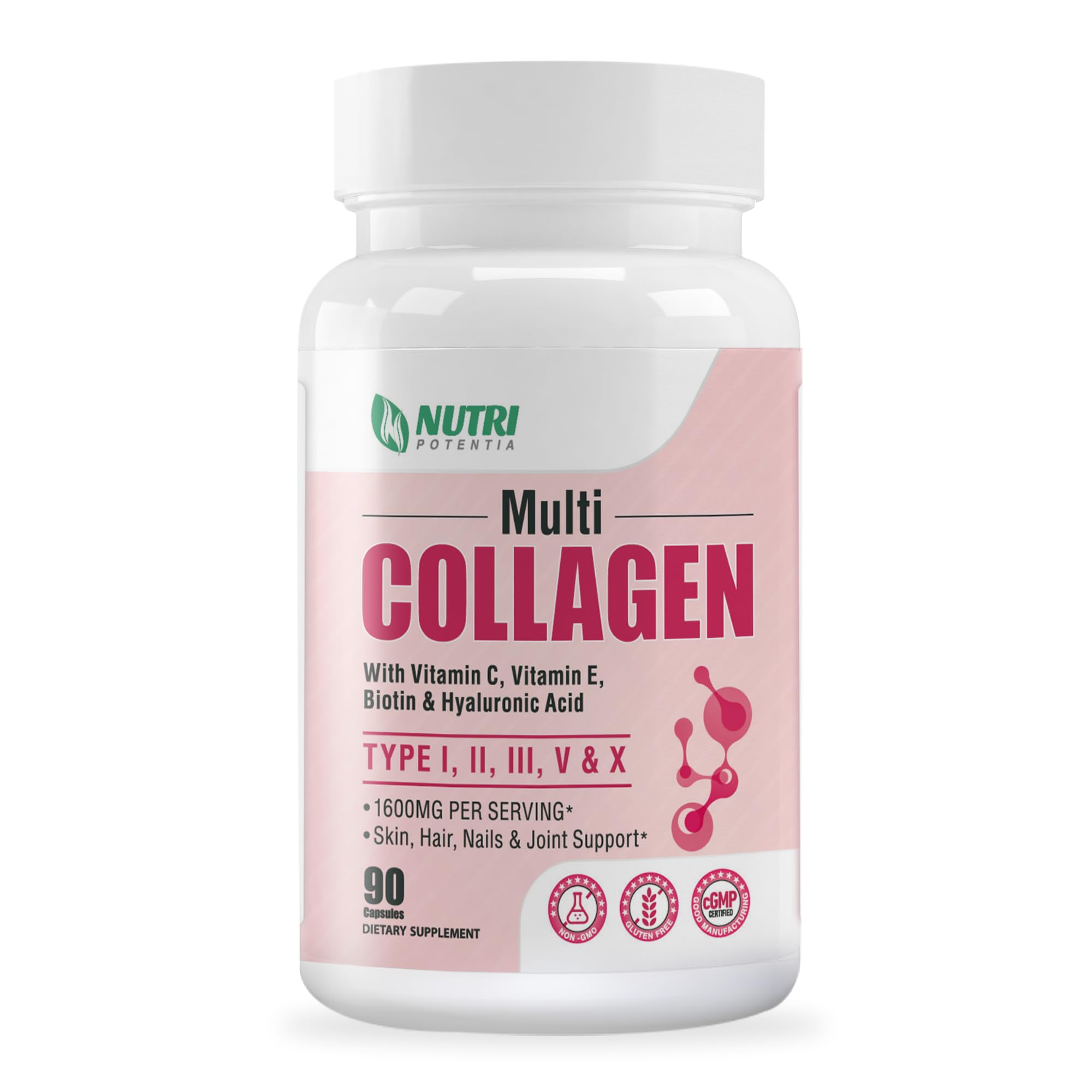 Nutri Potentia multicolageno cápsulas en botella para piel radiante y uñas fuertes.