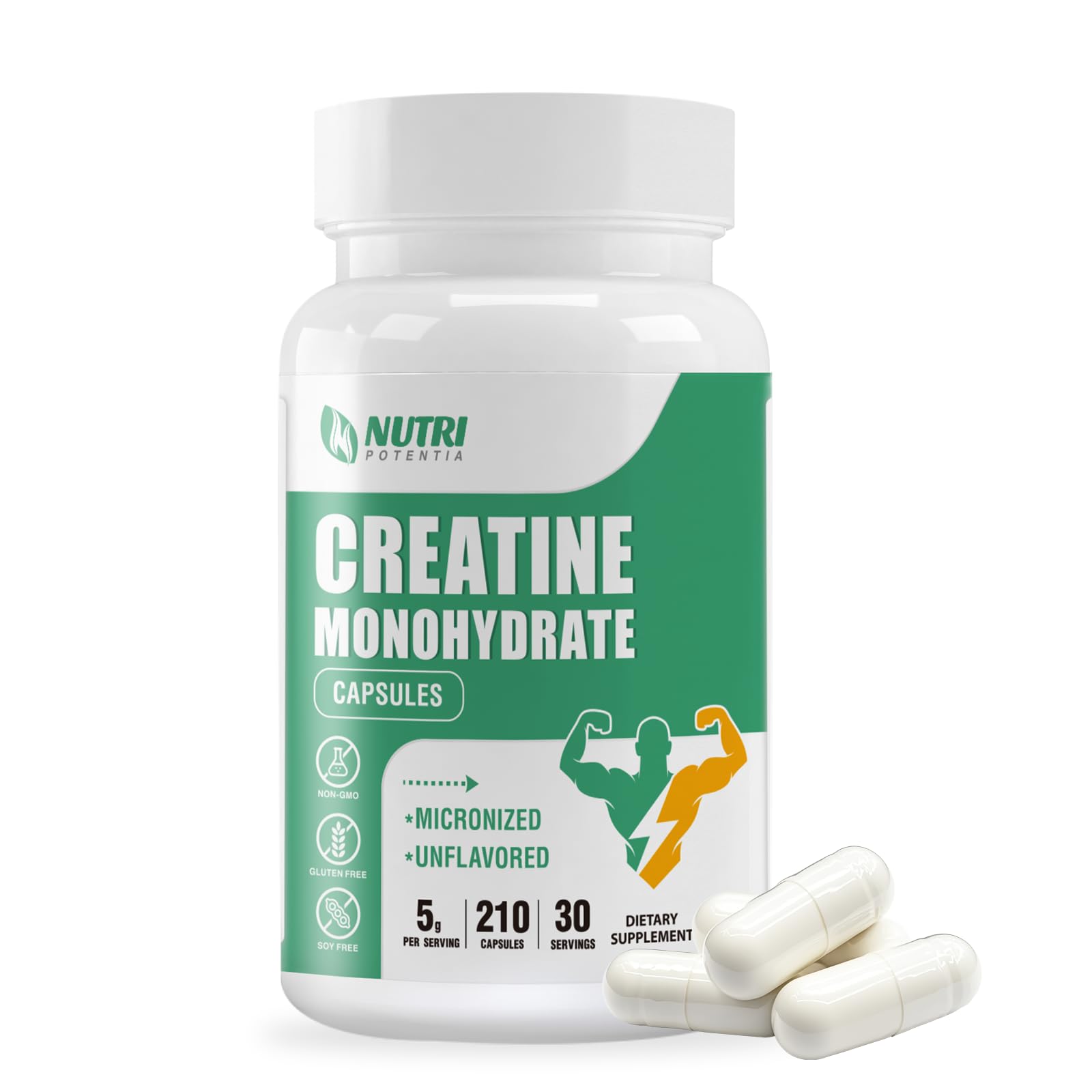 Nutri Potentia Creatina Monohidrato cápsulas, frasco frontal para entrenamientos.